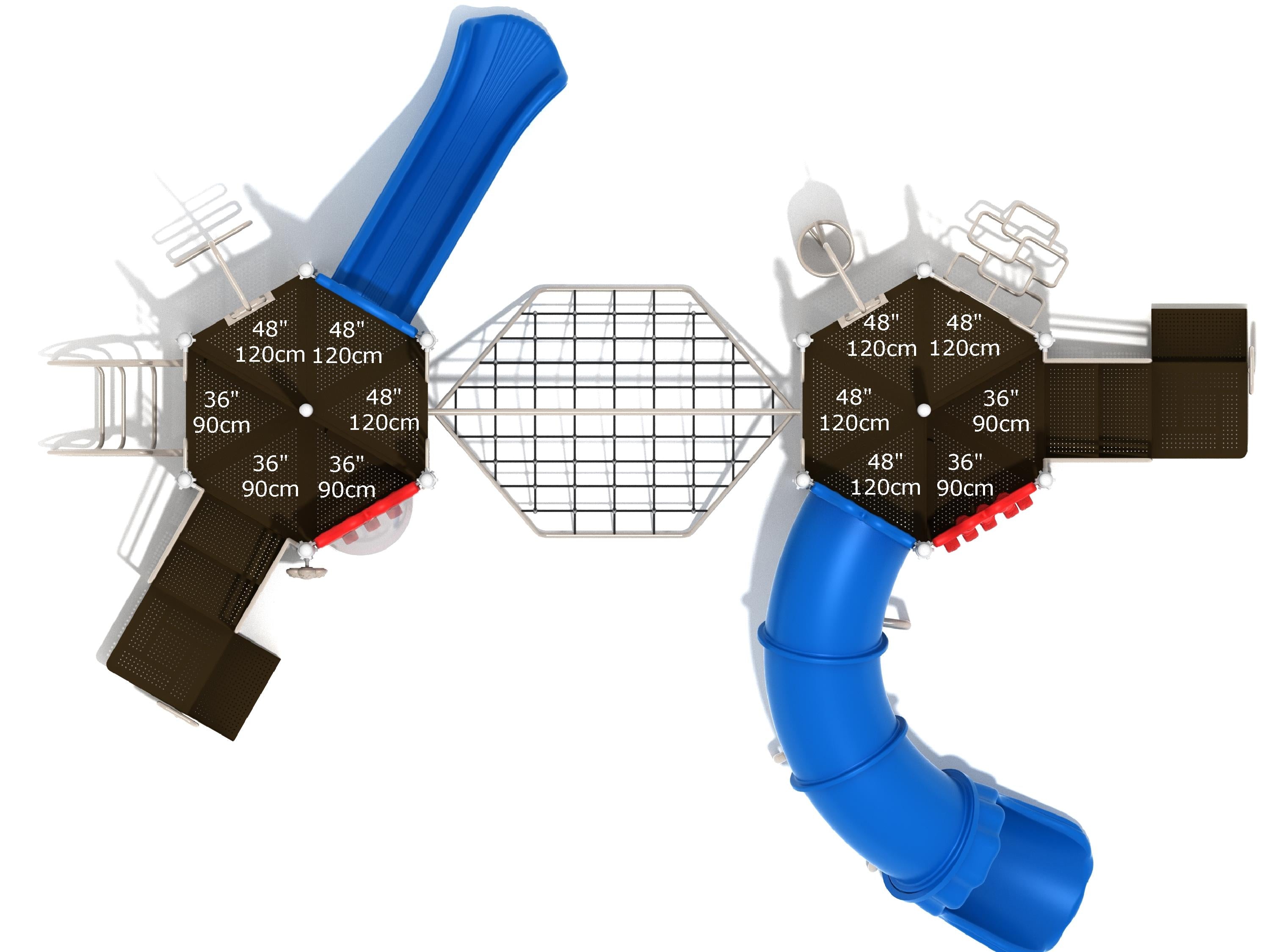 Overhead view of twin playground system with dual platforms, blue slides, climbing nets, and activity panels