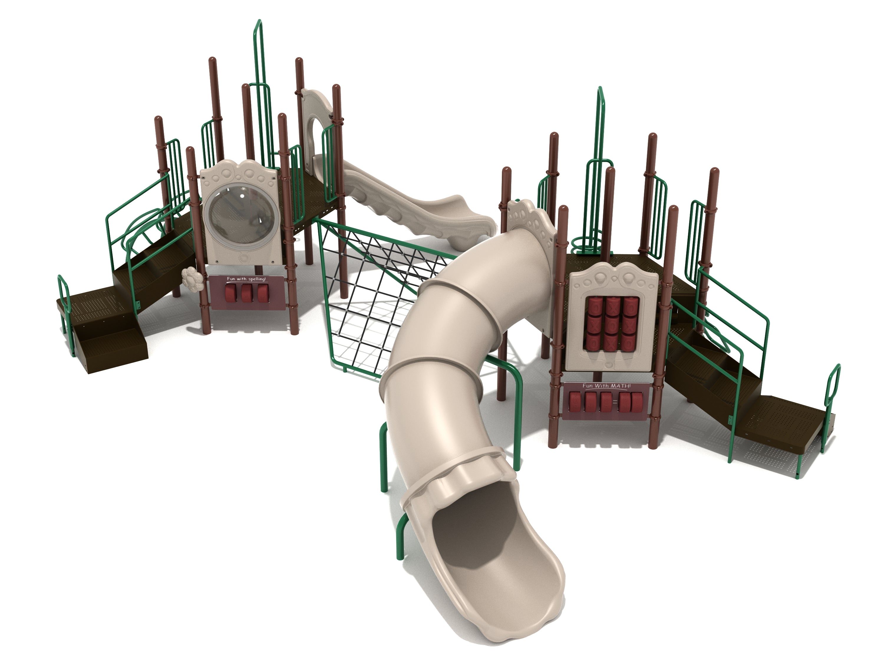 Twin platform playground with slides, spiral and snake climbers, educational panels, and a connecting rope net climber.