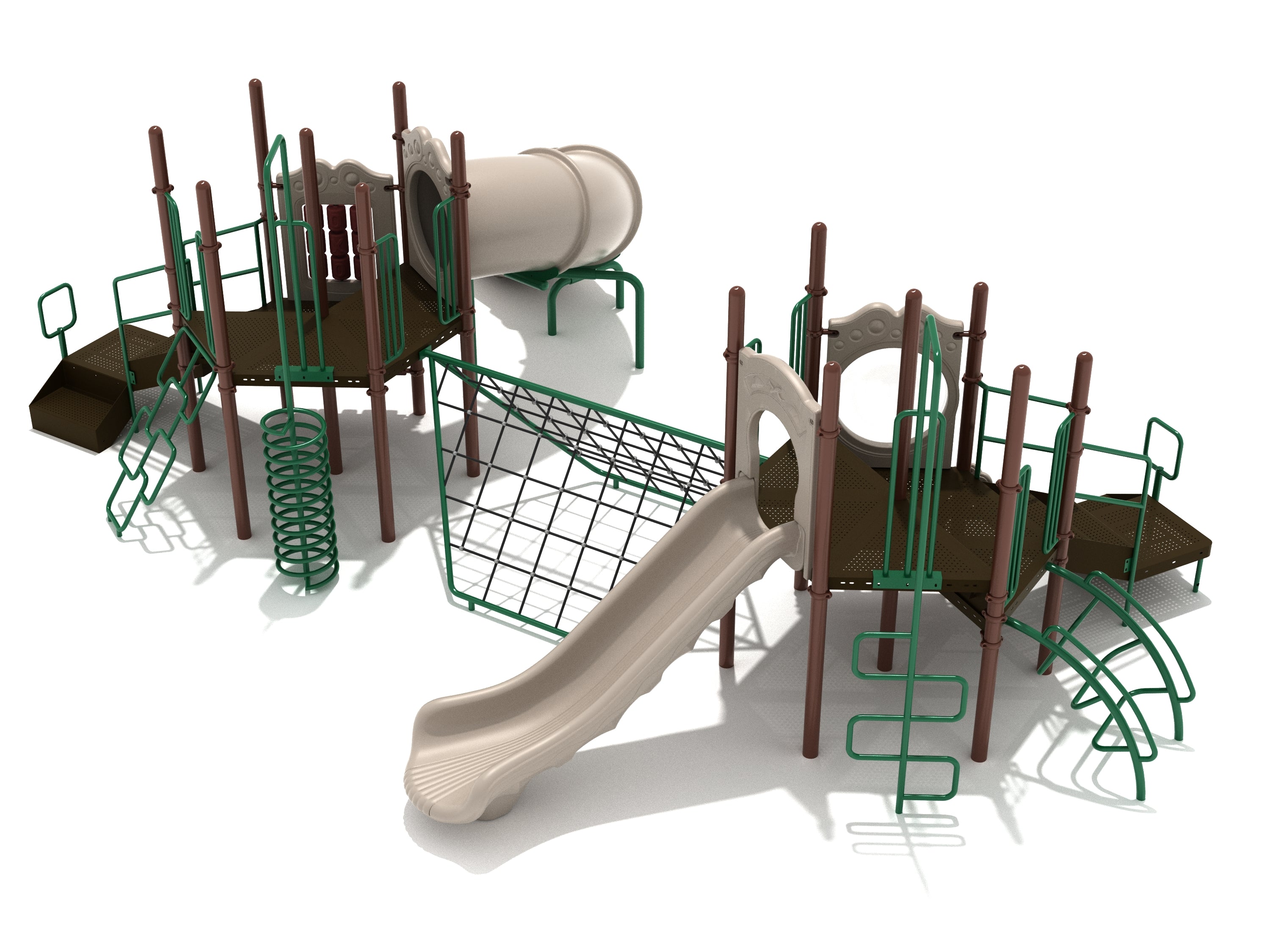 Twin playground structure with green and beige slides, spiral and arch climbers, and a connecting rope net climber.