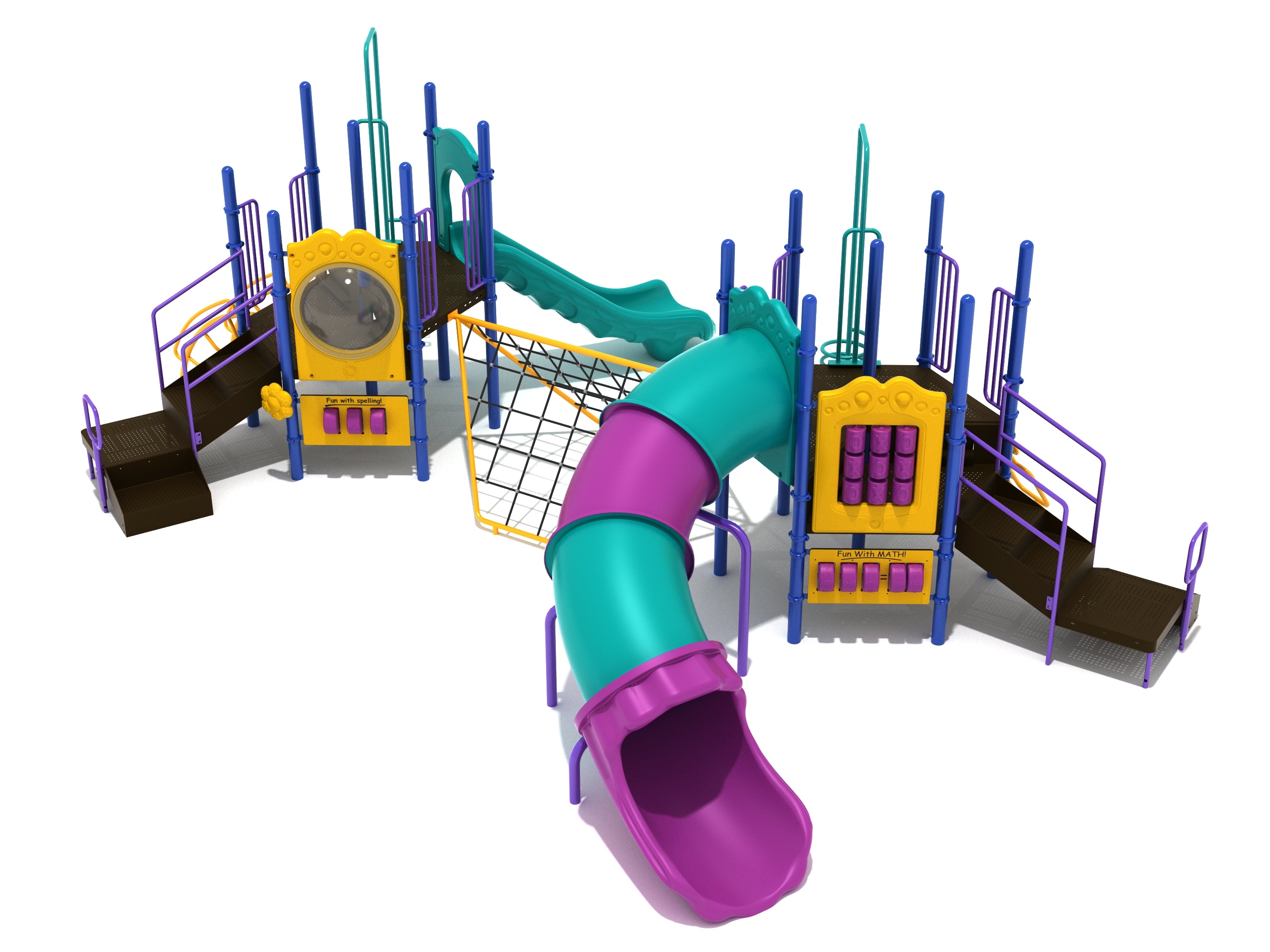 Colorful commercial playground with dual platforms, slides, climbers, educational panels, and a connecting rope net climber
