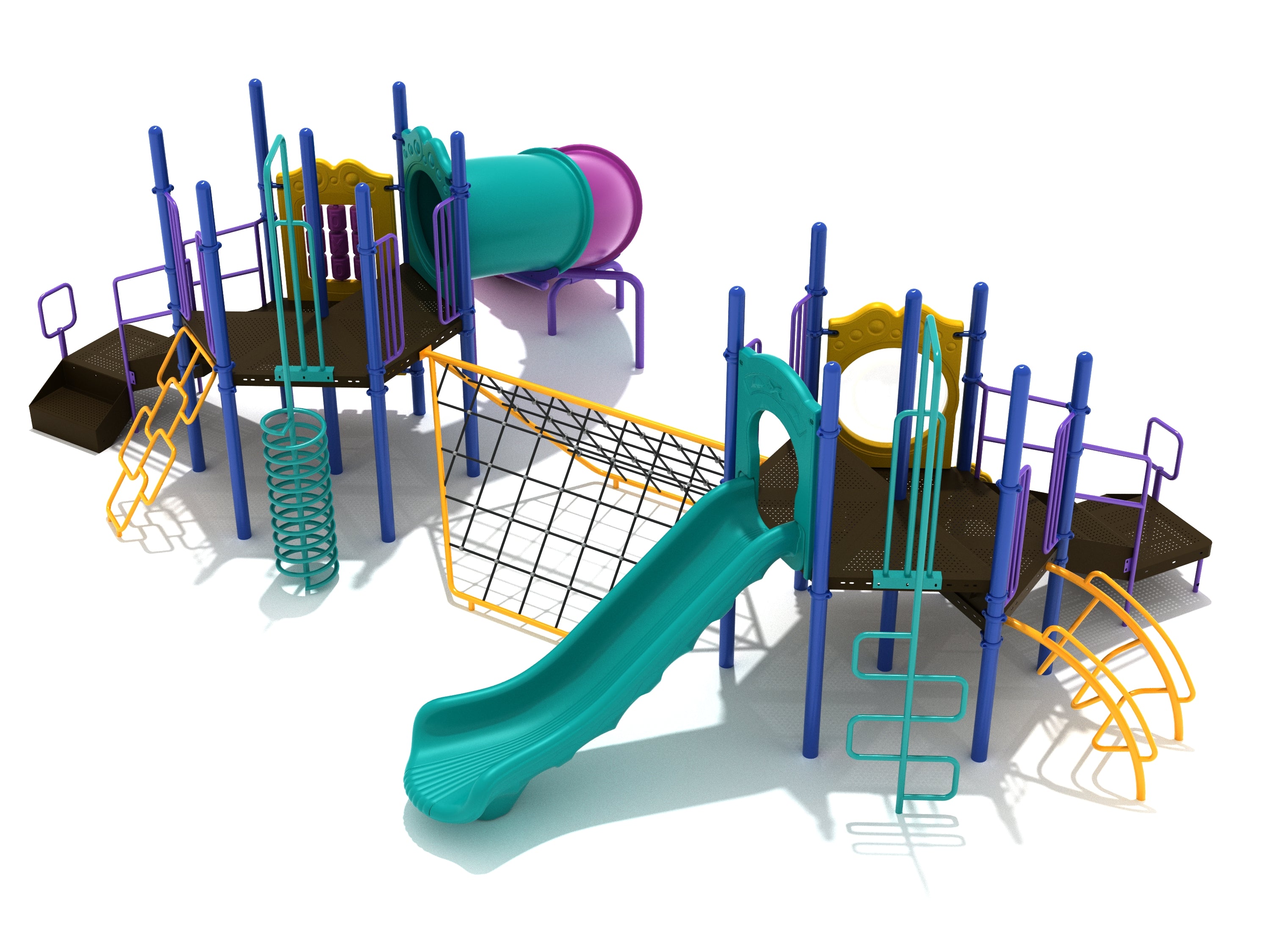 Colorful commercial playground with dual platforms, slides, spiral and arch climbers, rope net connector, and educational panels.