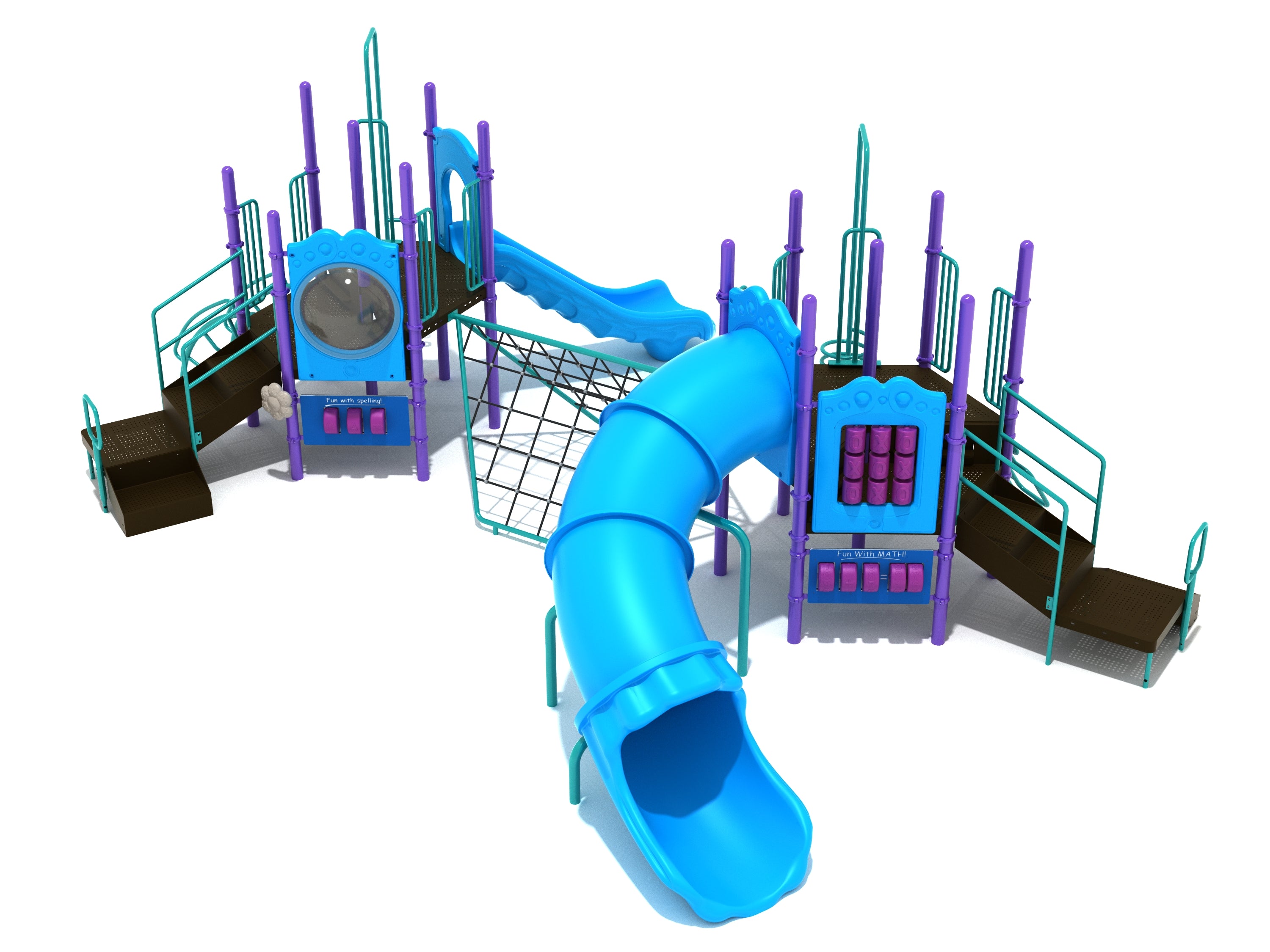 Colorful commercial playground with dual platforms, slides, climbers, educational panels, and a connecting rope net climber.