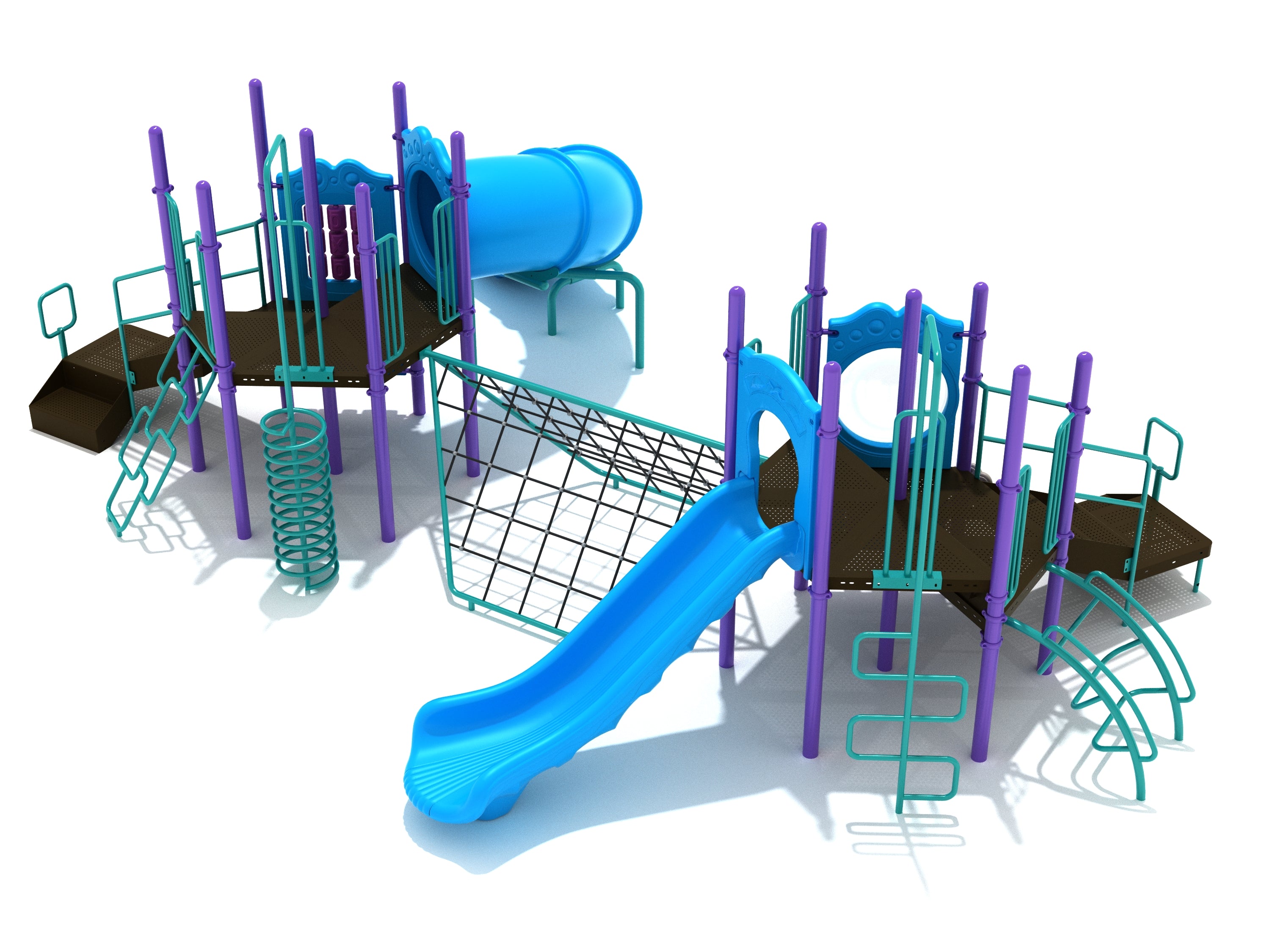 Twin purple and teal playground structures with slides, climbers, and a connecting rope net between platforms