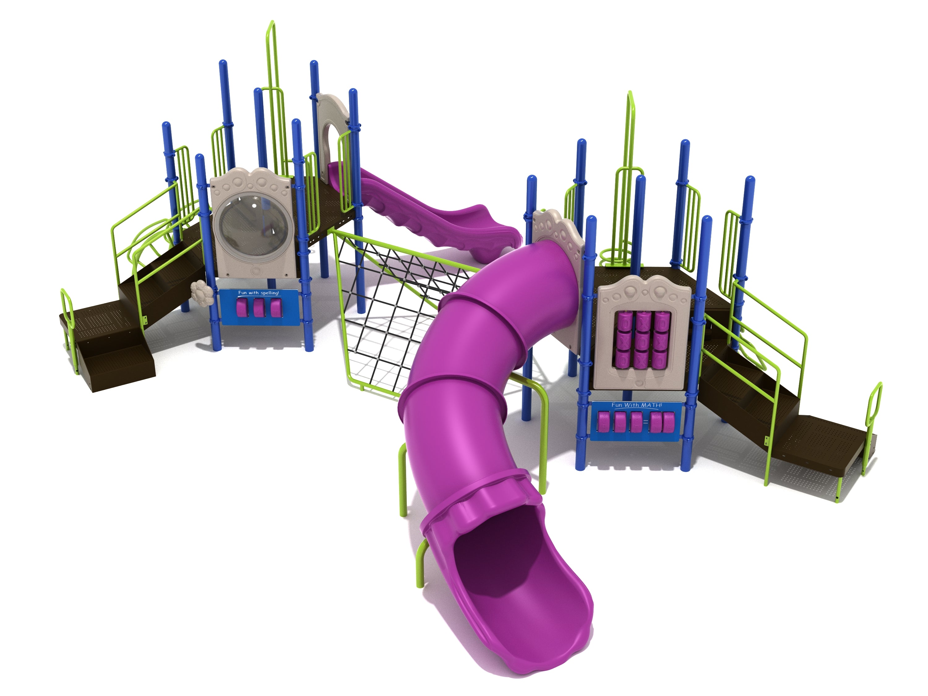 Twin-platform playground with purple slides, green railings, blue posts, climbing nets, and educational spelling and math panels