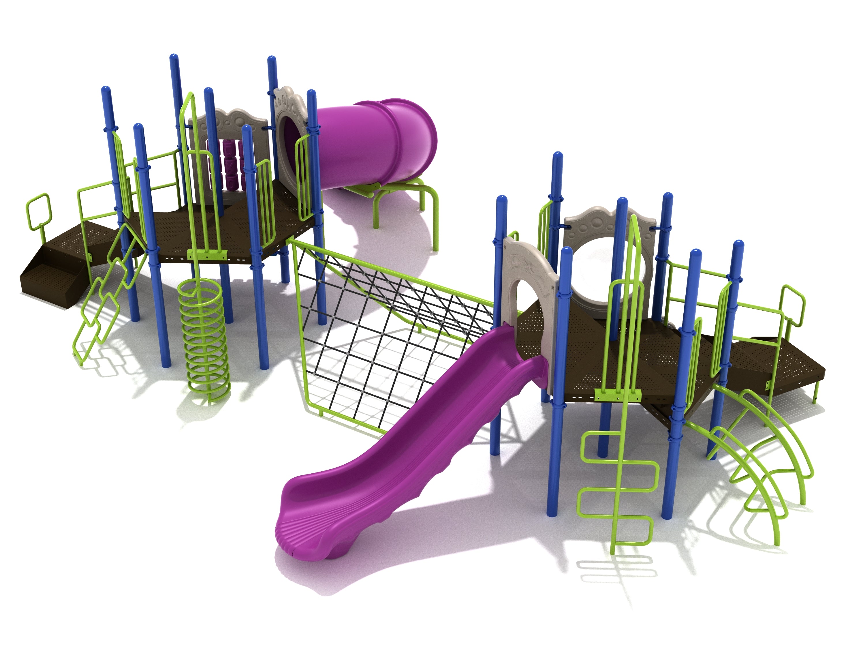 Twin elevated playground platforms connected by a rope net climber, with purple slides and green climbing structures.