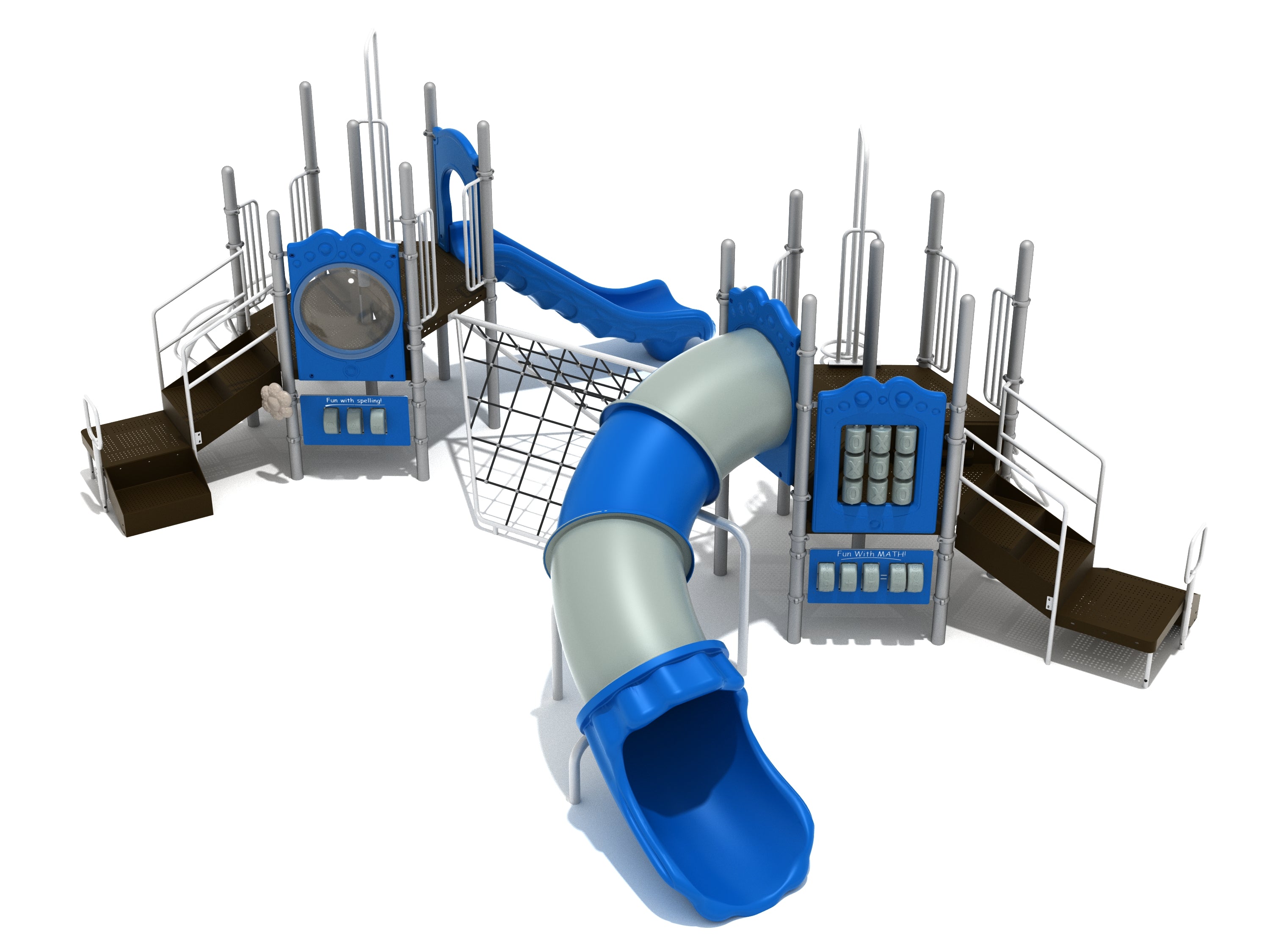 Twin blue and gray playground structure with dual platforms, slides, climbers, and educational spelling and math panels