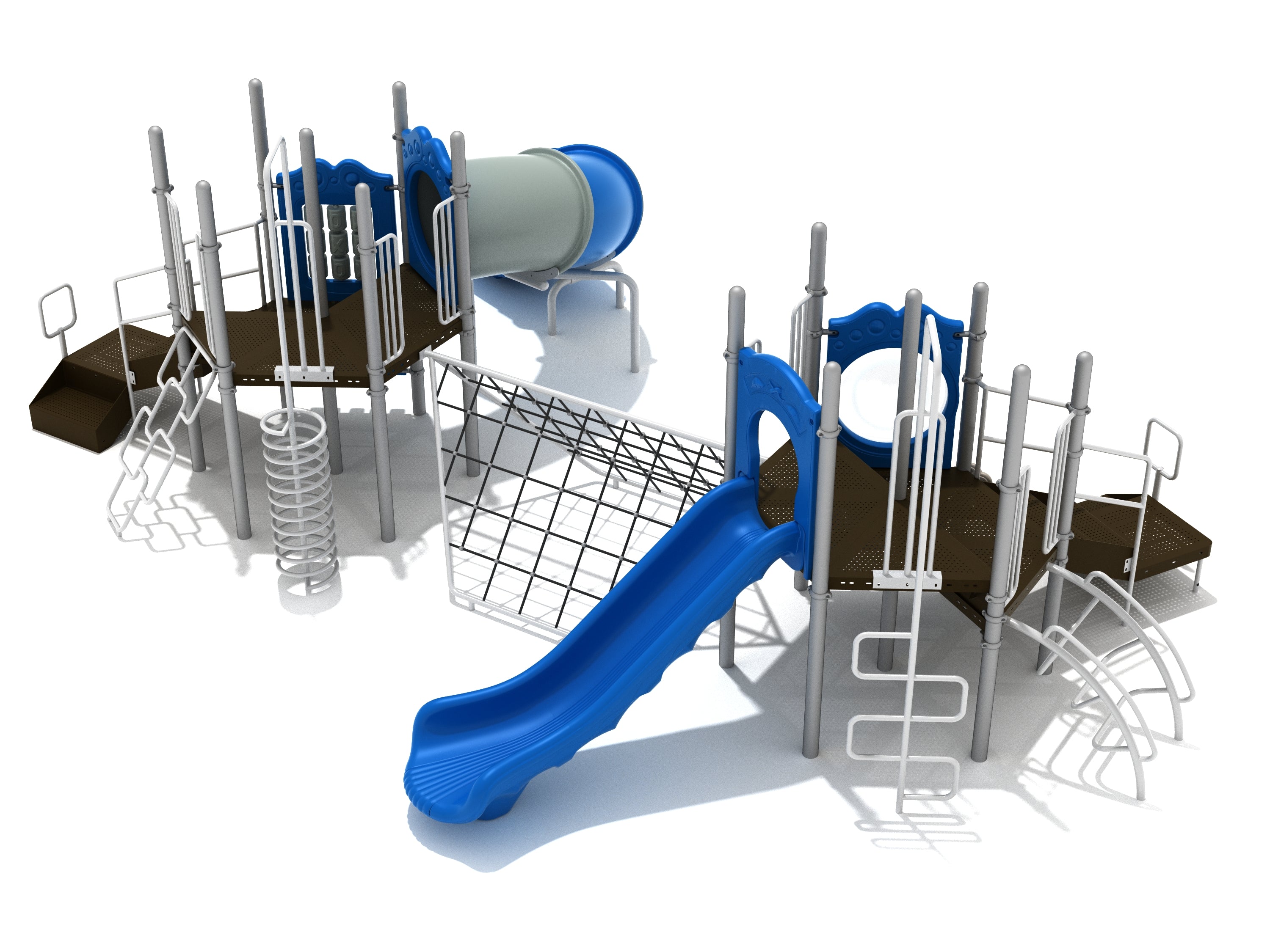 Twin connected playground with blue slides, spiral and curved climbers, net bridge, and interactive learning panels.