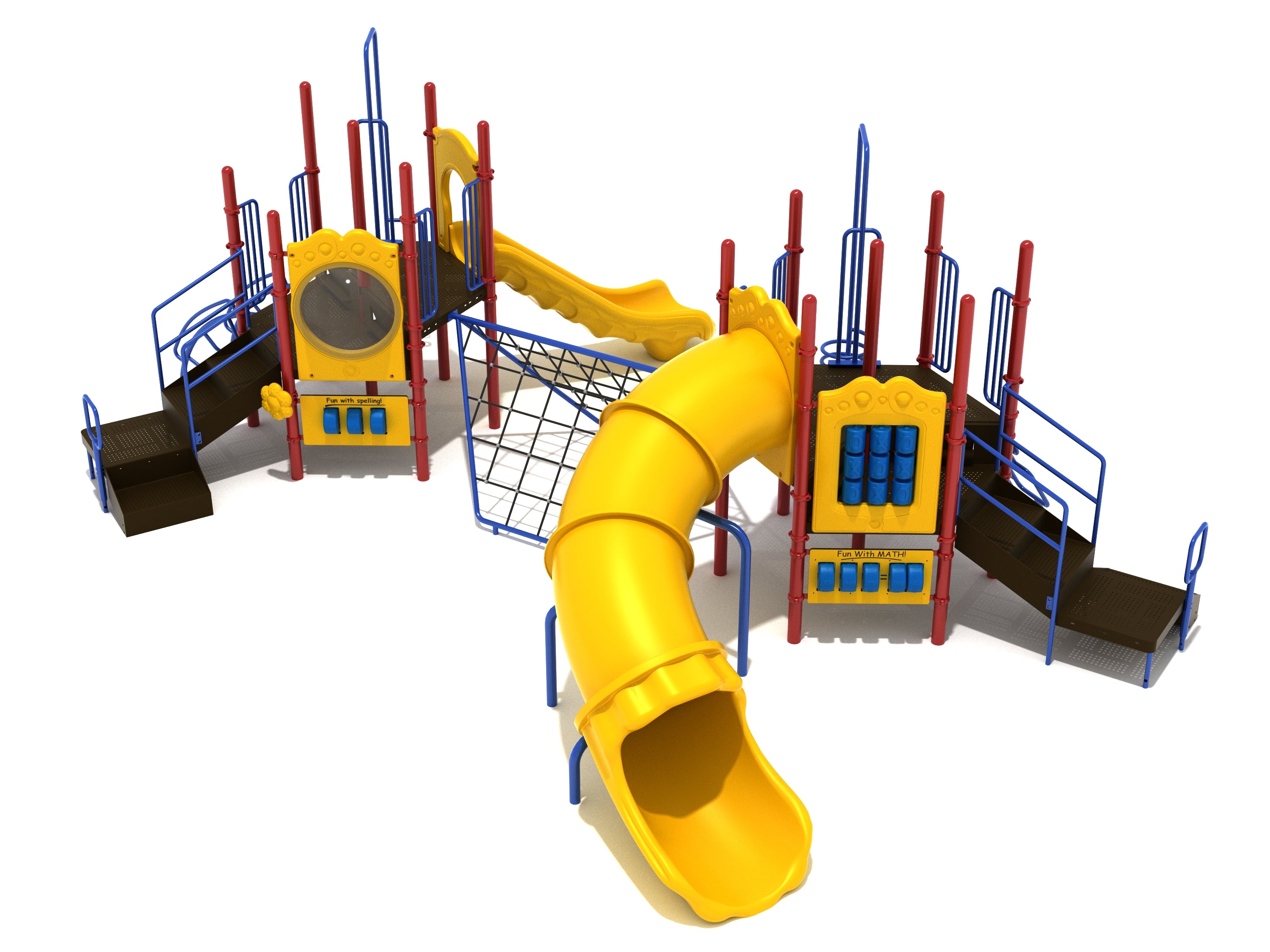 Colorful twin-platform playground with yellow slides, climbing nets, spiral and snake climbers, and interactive spelling and math panels
