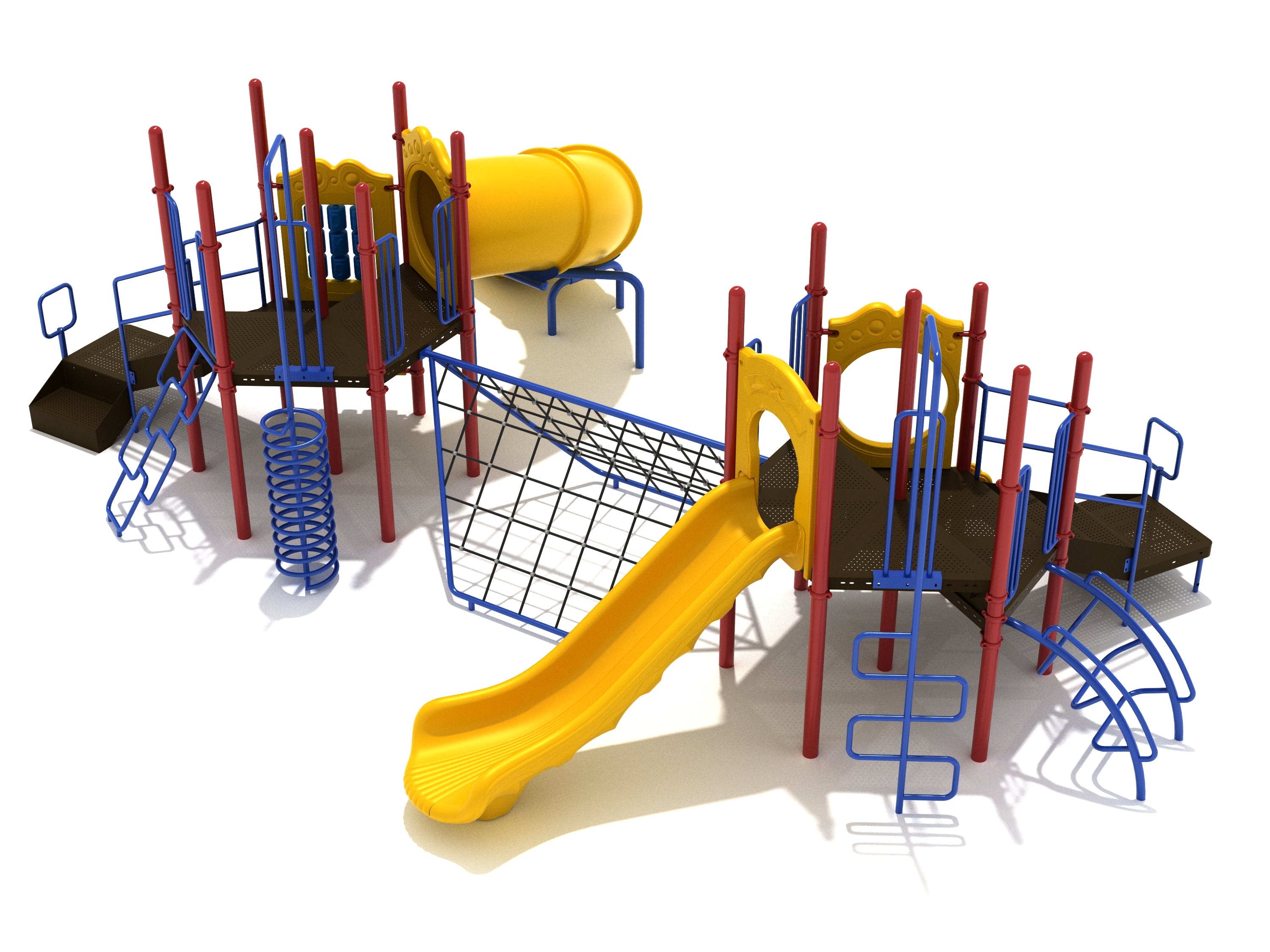 Twin playground structure with yellow slides, blue climbers, red posts, and a connecting rope net climber.
