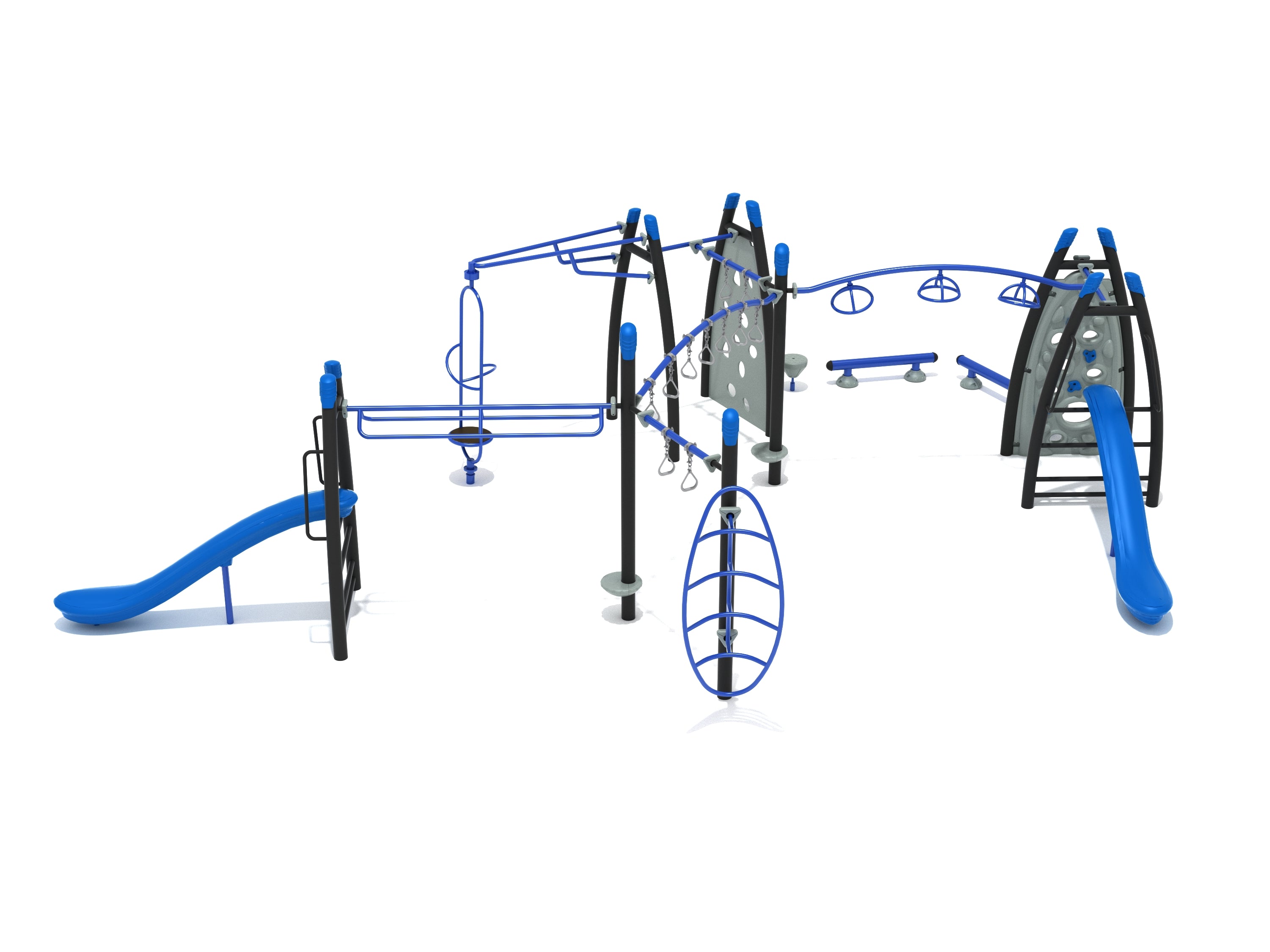 Large commercial playground with blue slides, climbing walls, overhead rings, and balance elements for active play