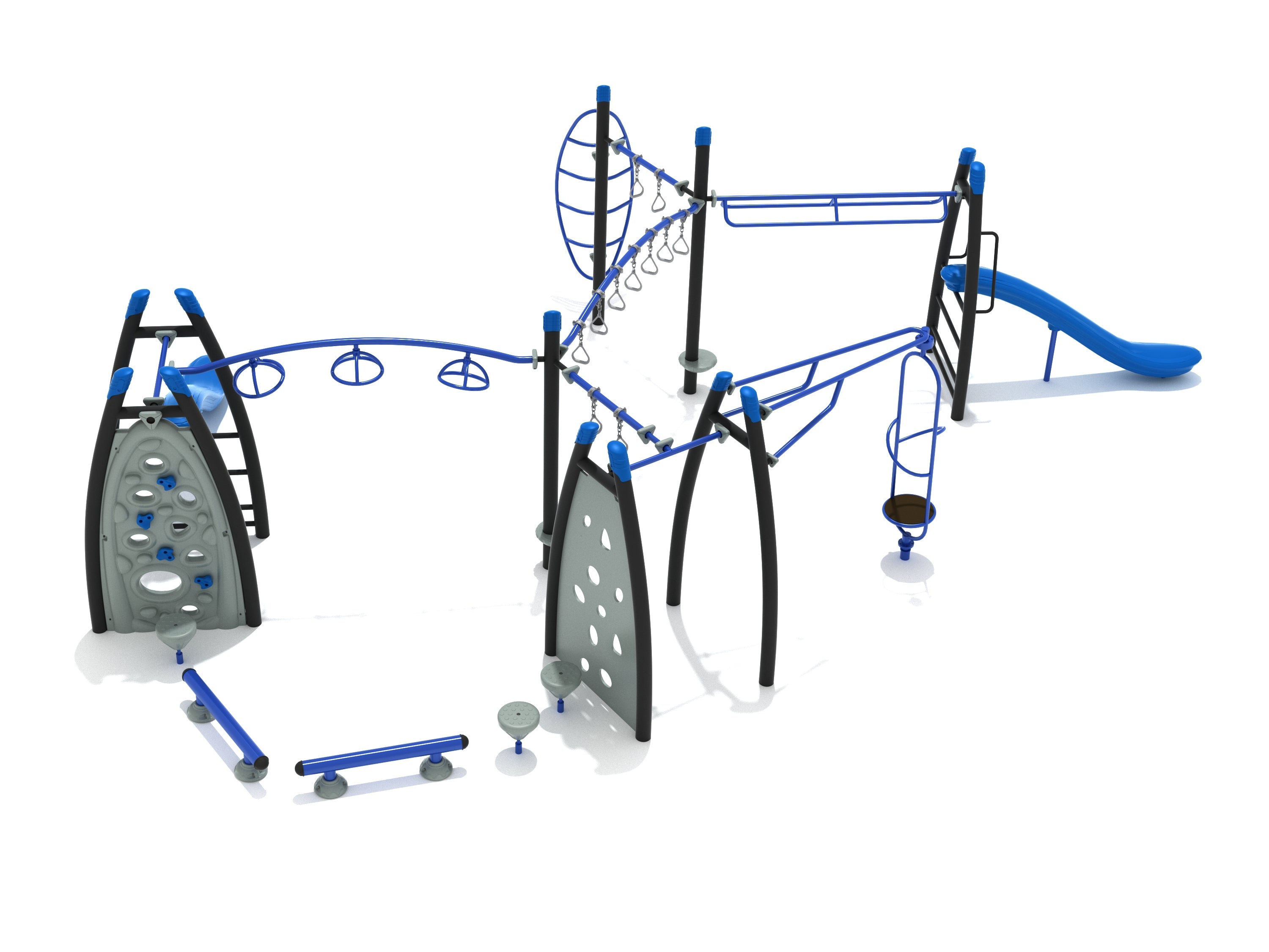 Matterhorn Playground large play system with blue and gray climbing walls, slides, overhead rings, and pebble-style steps for active outdoor play