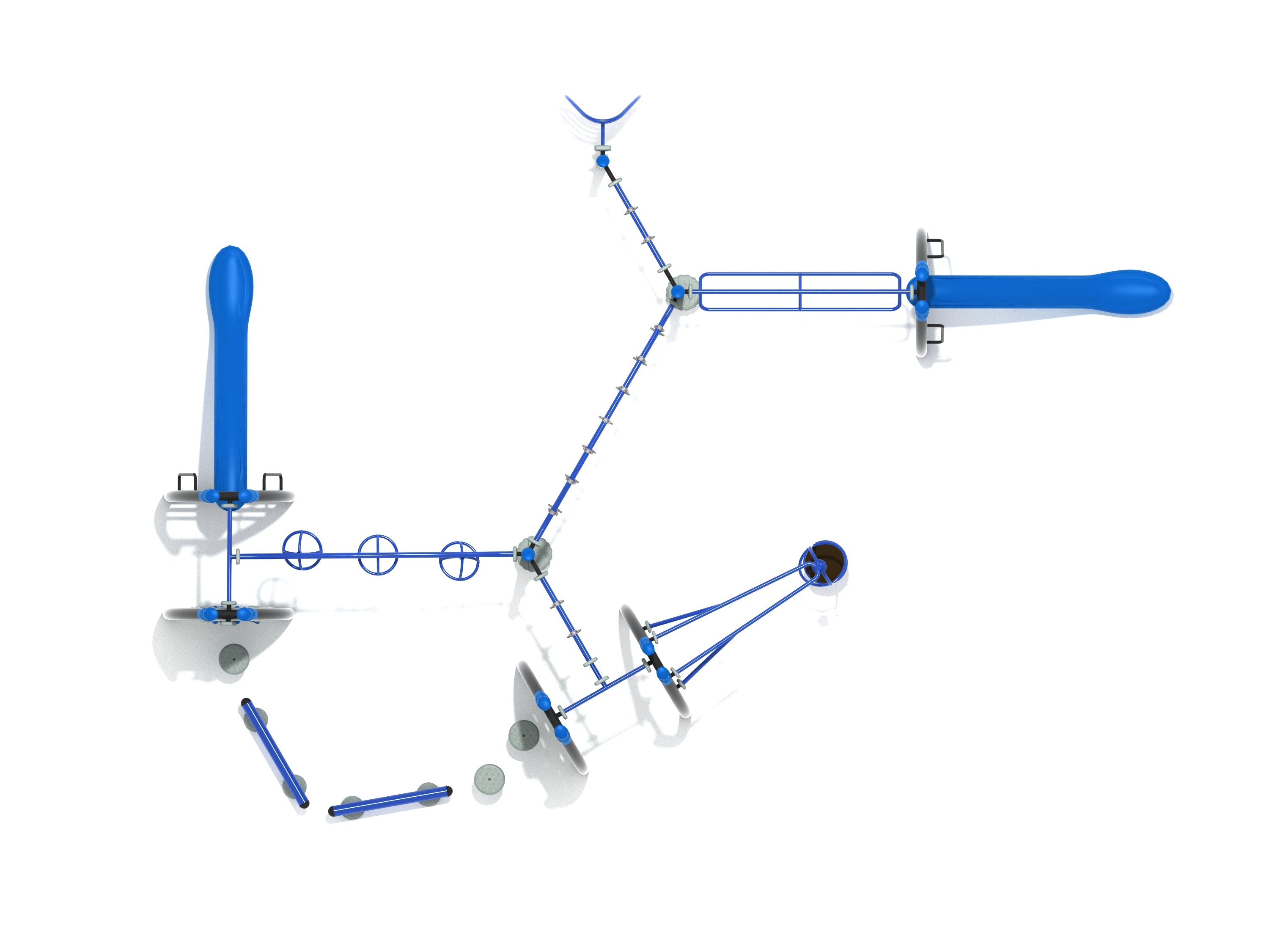 Overhead view of a large blue playground structure with slides, climbers, balance elements, and curved panels for active play