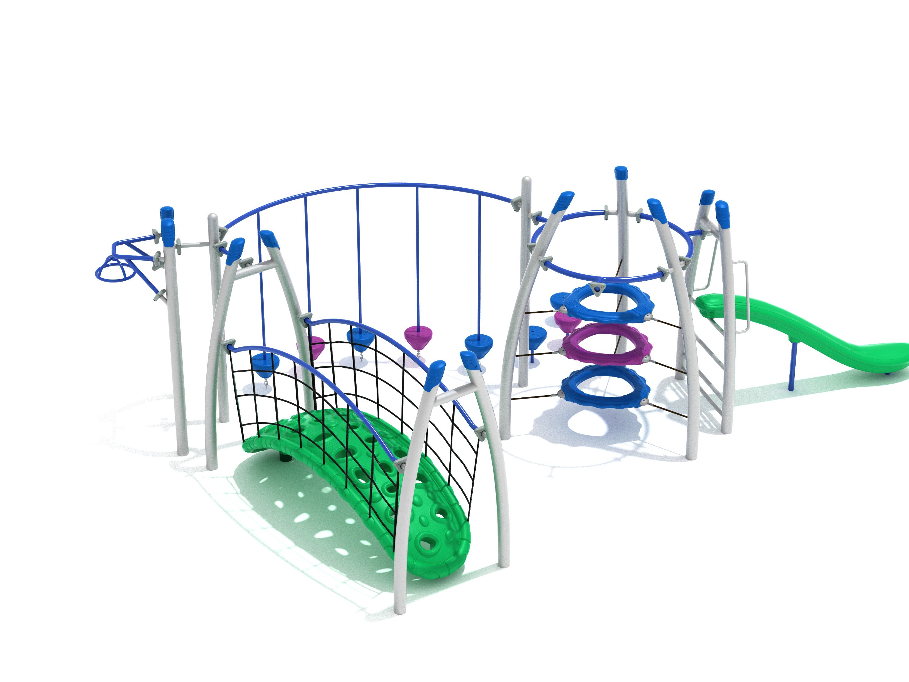 Bashful Bluff Fitness Course Playground with green climbing bridge, blue and purple ring climbers, and green slide on white background