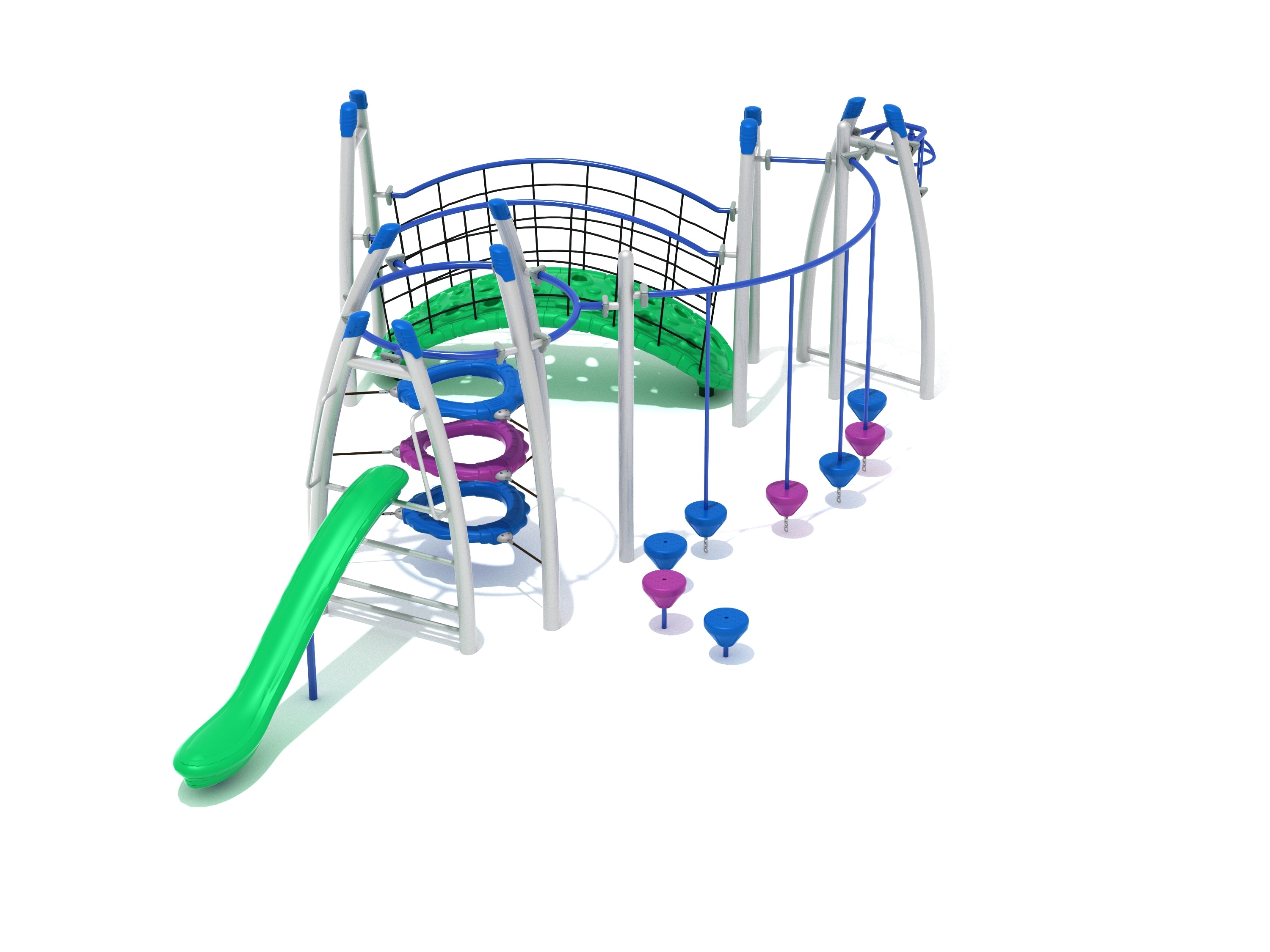 Colorful commercial playground with green slide, climbing rings, overhead spinner, and suspended stepping pods