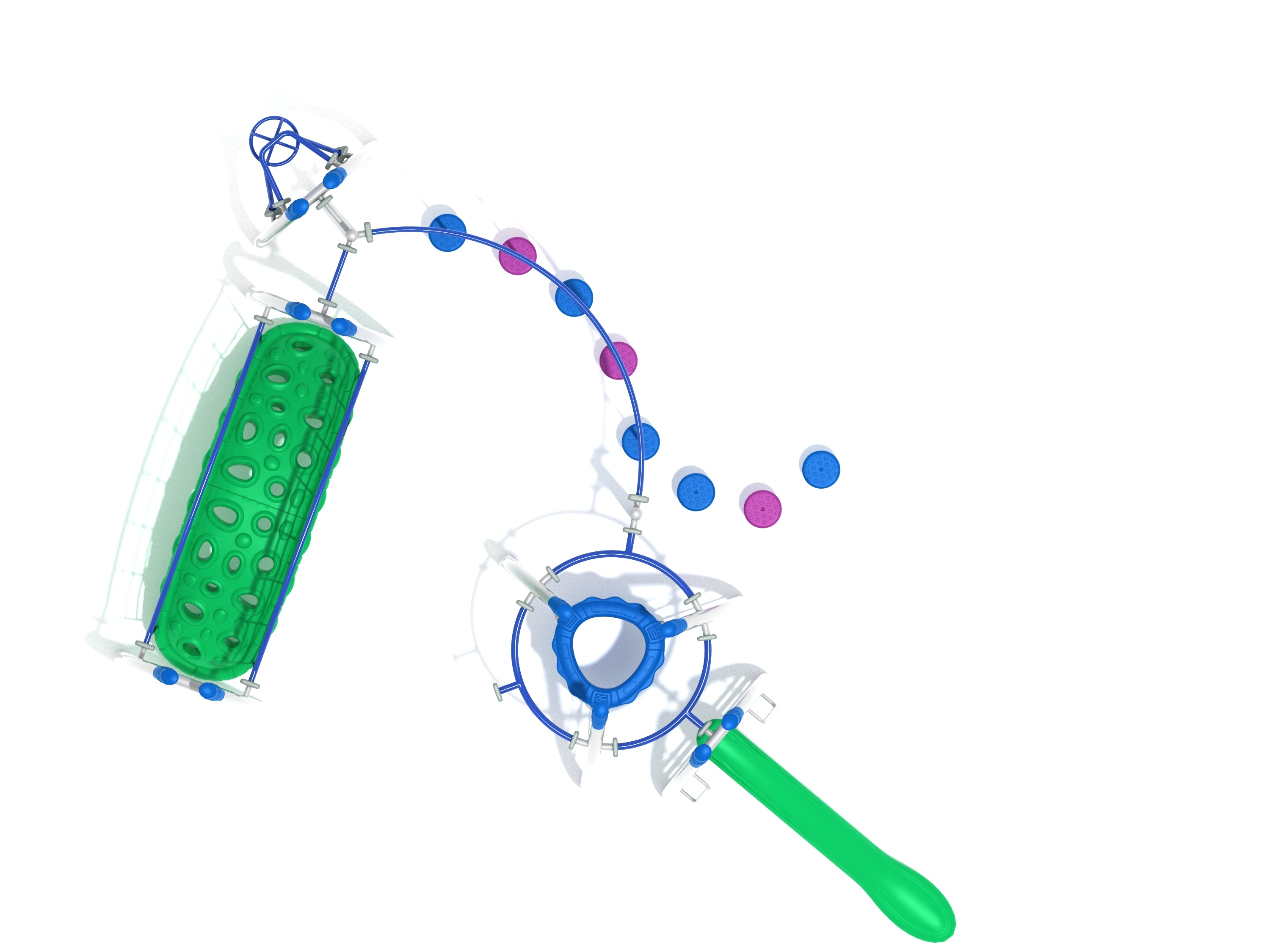 Overhead view of colorful playground fitness course with climbing structures, slide, stepping pods, and spinning elements