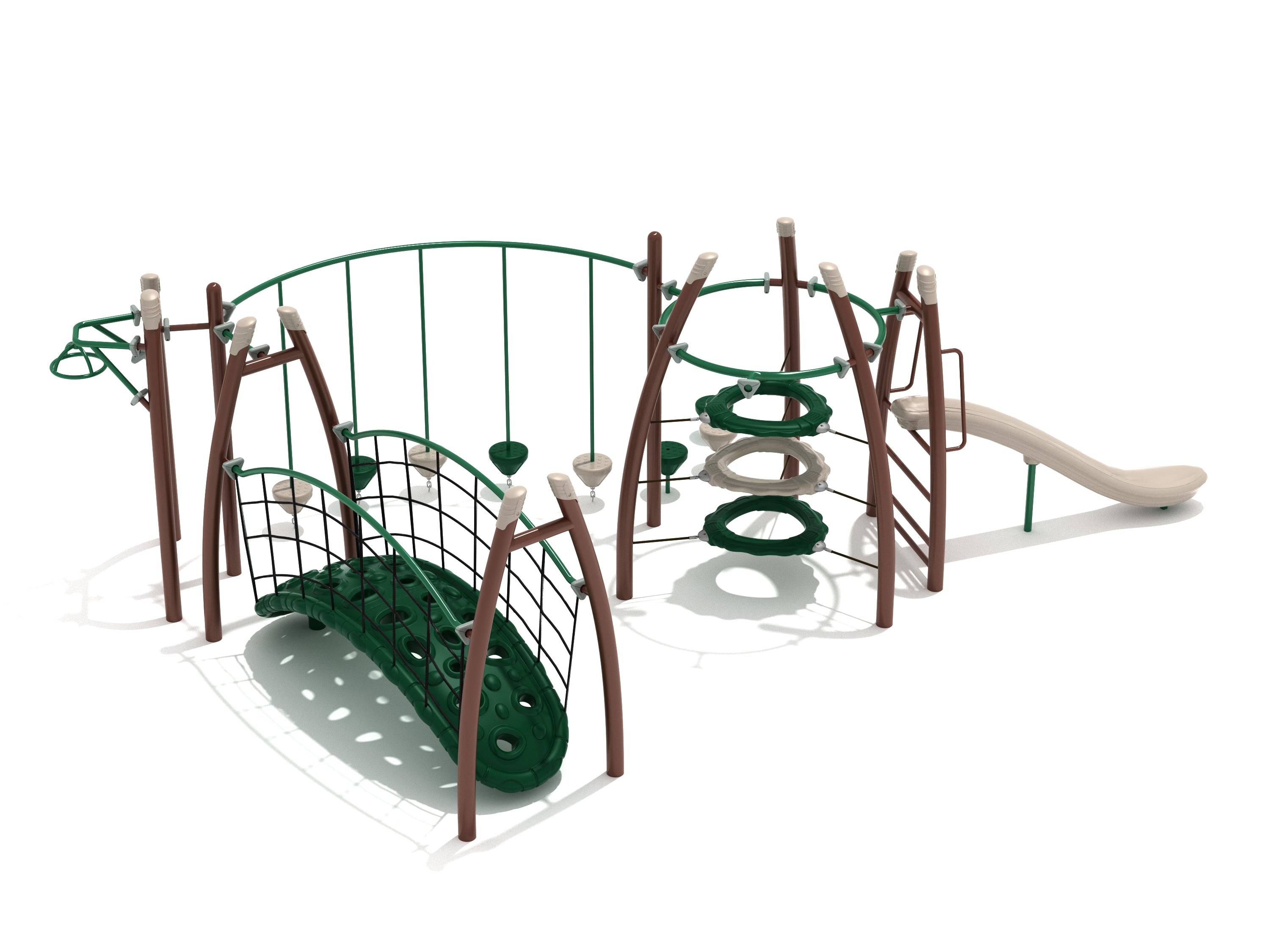 Outdoor playground structure with climbing nets, suspended stepping pods, circular climbing rings, and a slide in green and brown tones