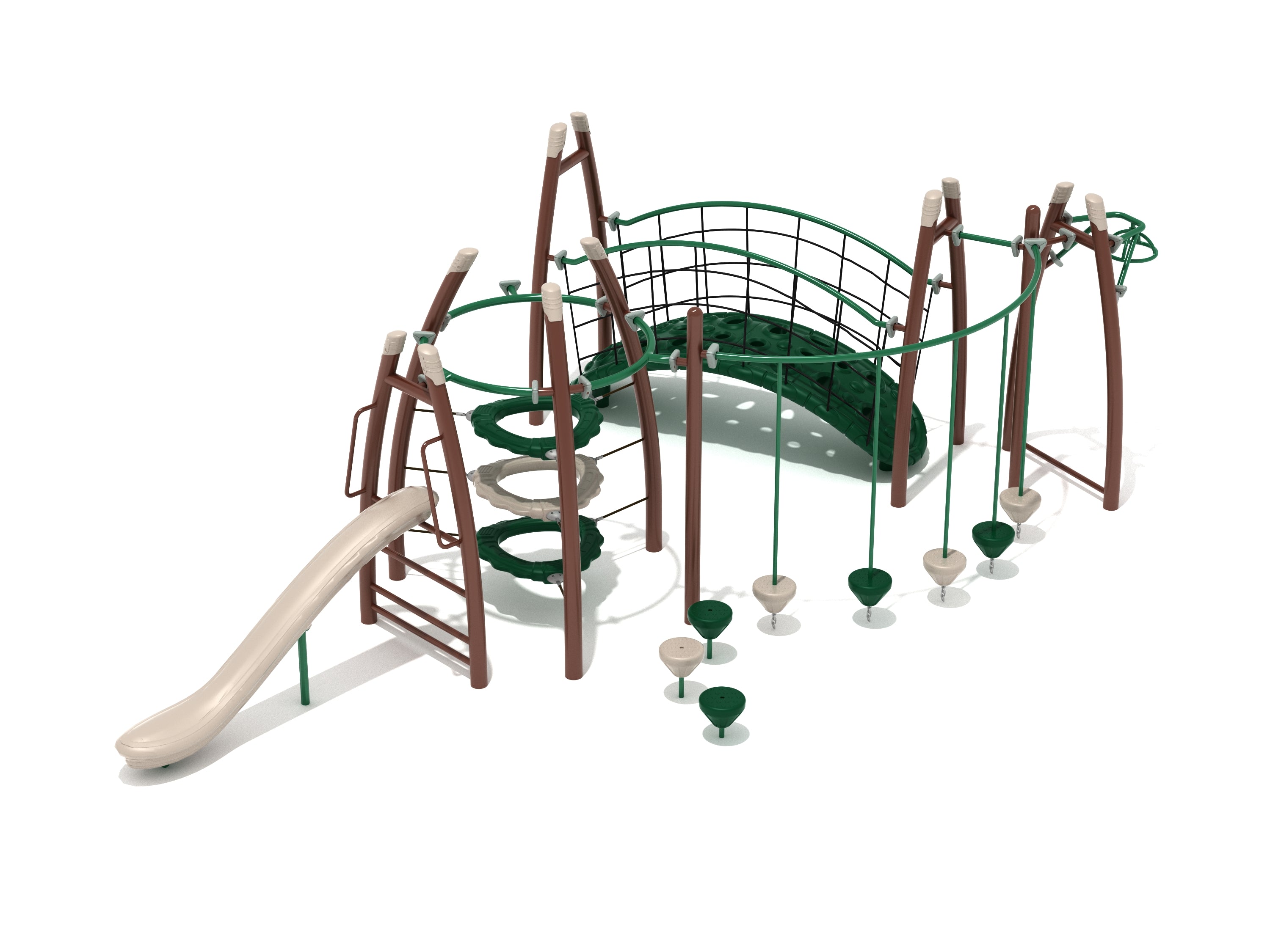 Overhead view of a brown and green commercial playground featuring a slide, climbing rings, curved bridge, and stepping pods