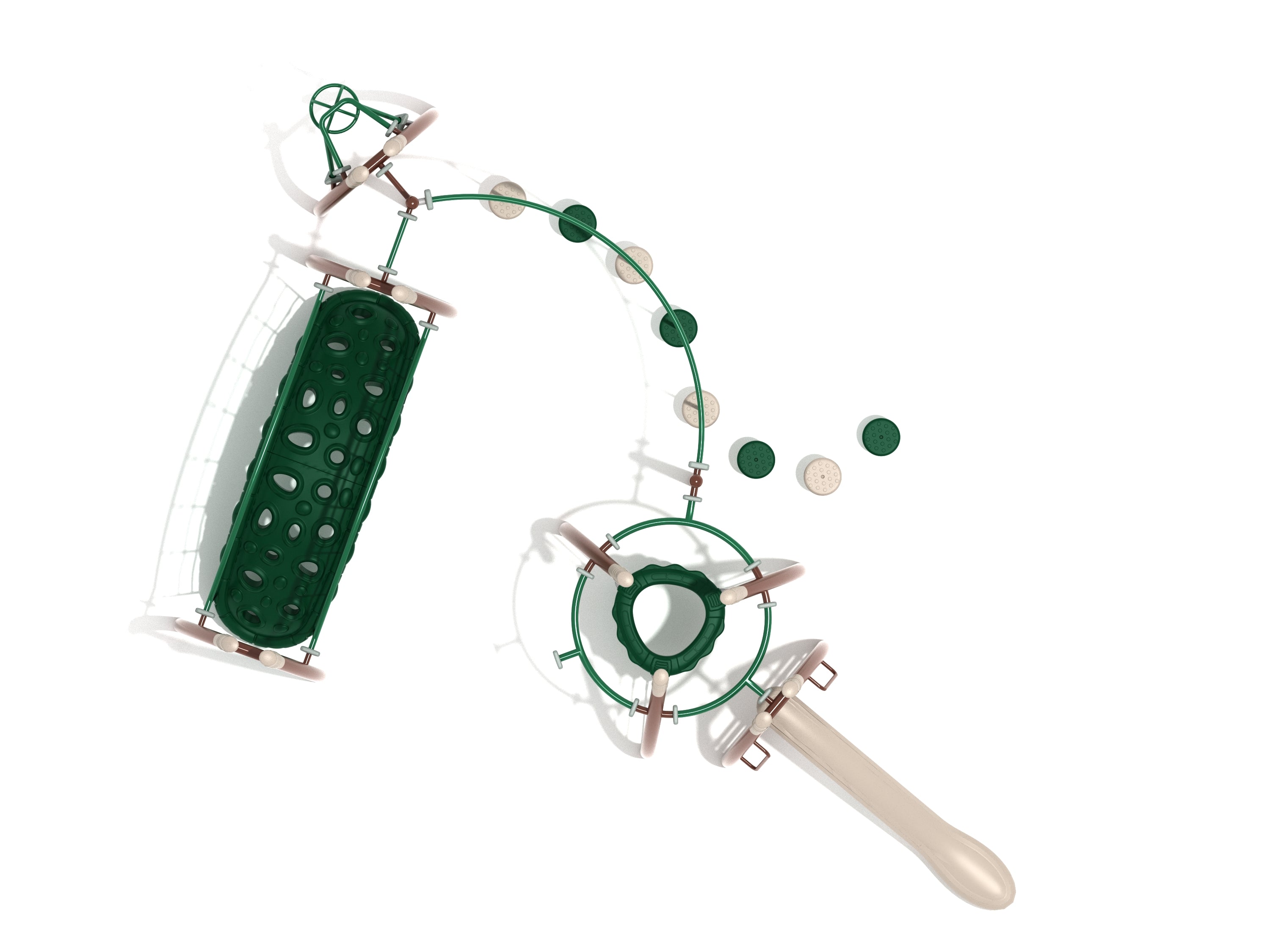 Overhead view of a green and beige modular playground featuring climbing structures, a slide, stepping pods, and fitness course elements.