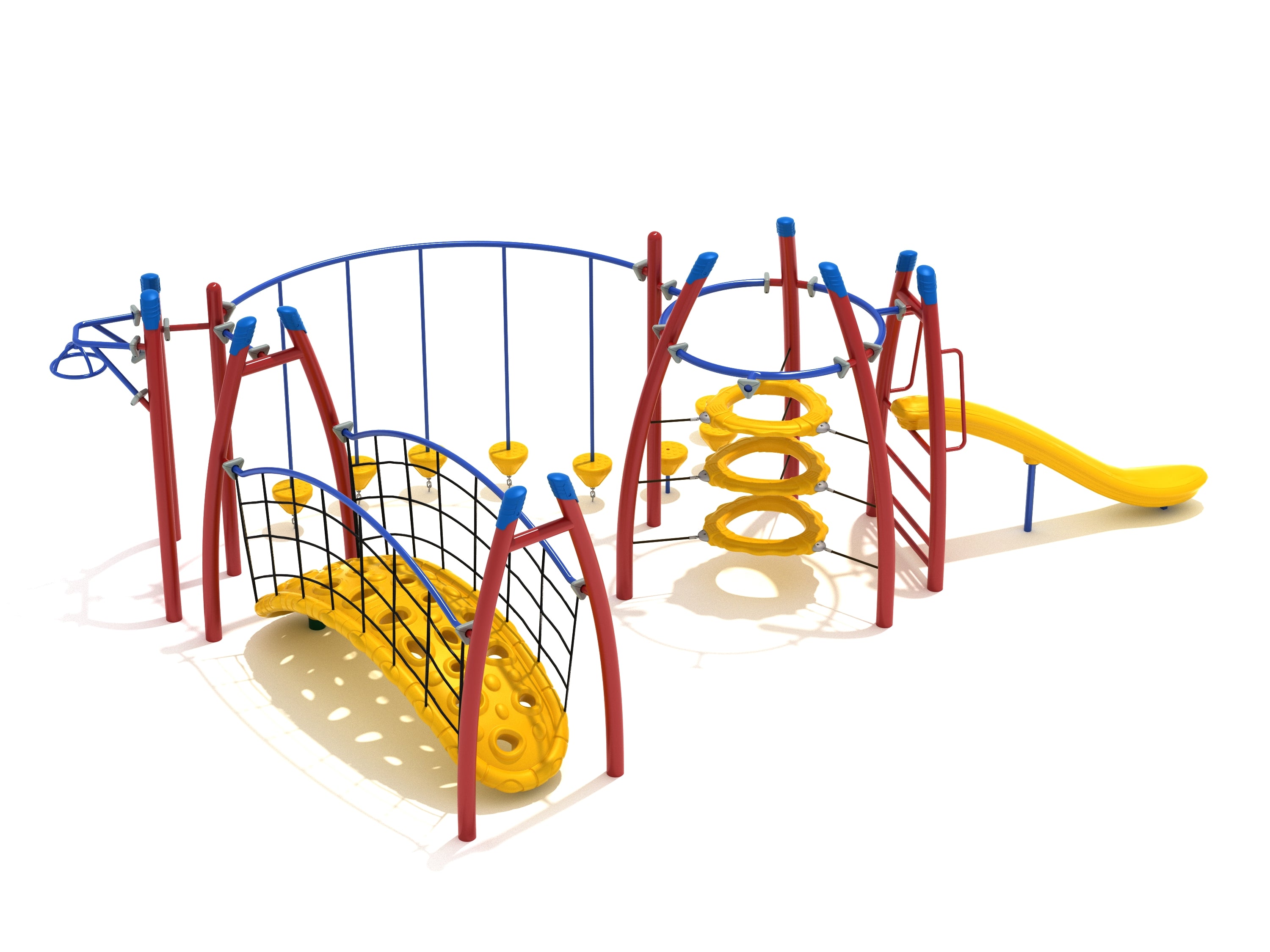 Colorful playground with climbing nets, suspended stepping pods, ring tower, overhead spinner, and slide for active play and balance