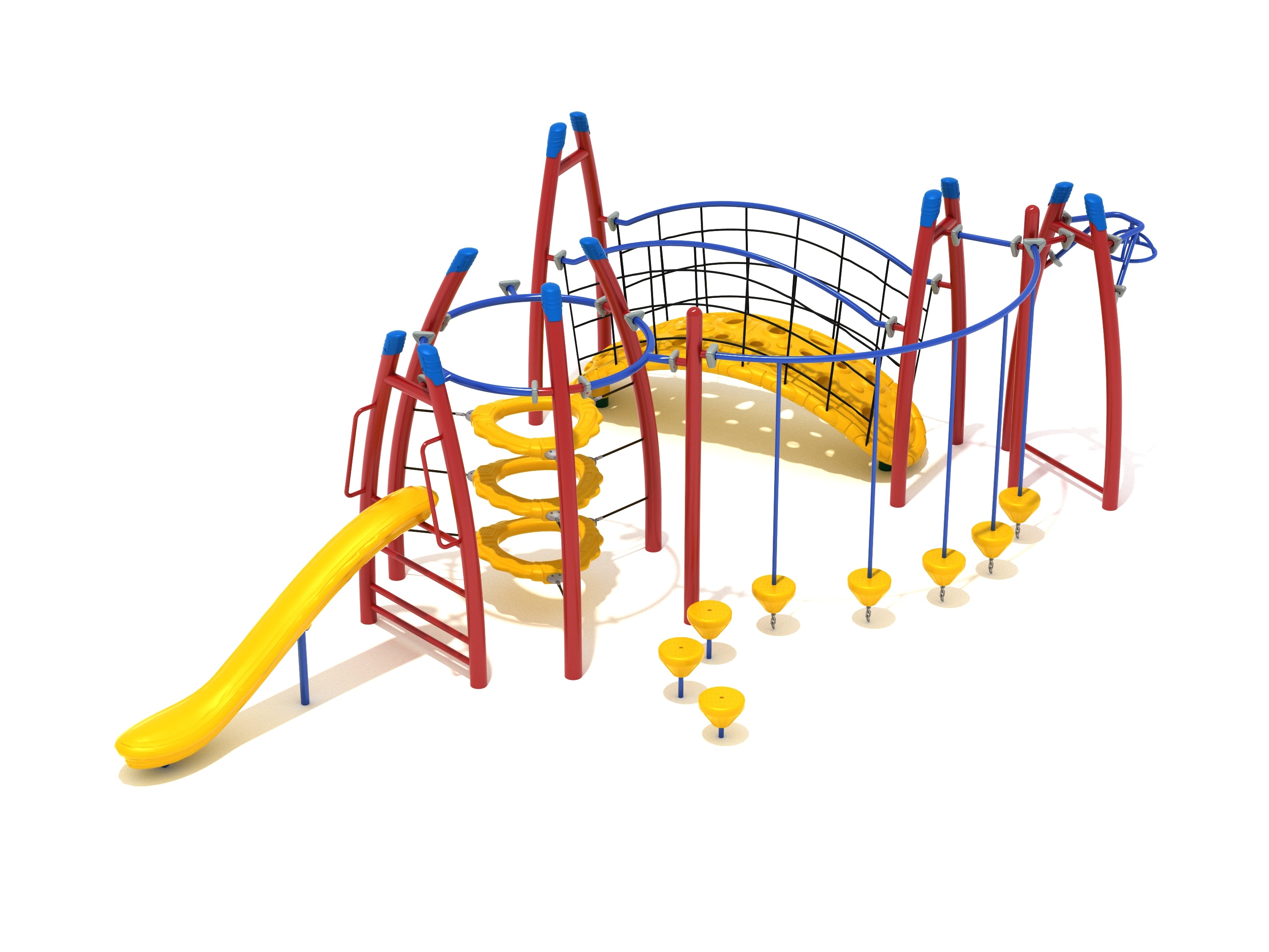 Colorful playground structure with yellow slide, red and blue climbing rings, curved bridge, and suspended stepping pods
