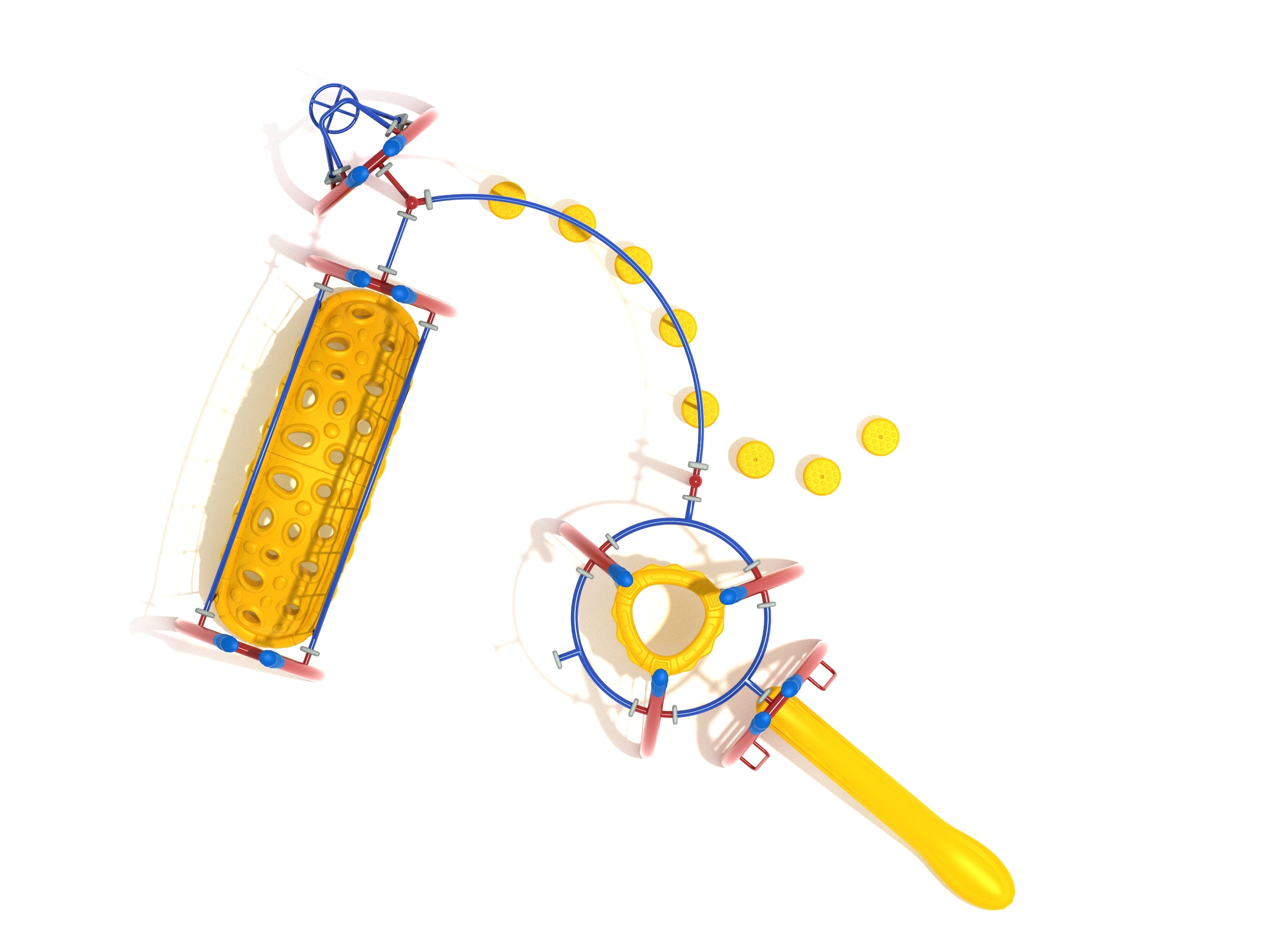 Overhead view of colorful playground with climbing structures, circular platforms, slide, and fitness course elements
