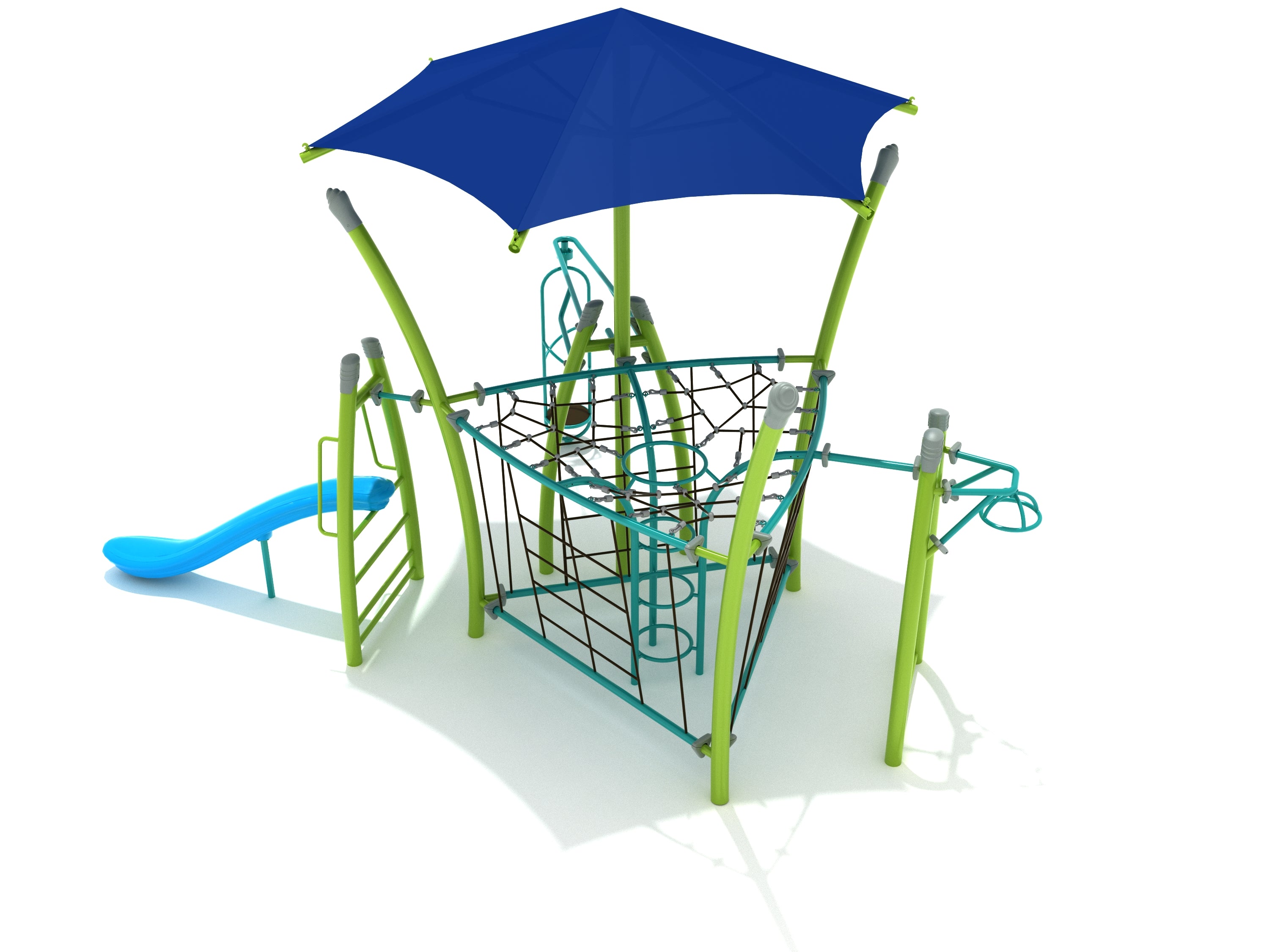 Lost Mine Playground with blue shade canopy, rope climber, Standing Orbital Spinner, blue slide, and green frame play system