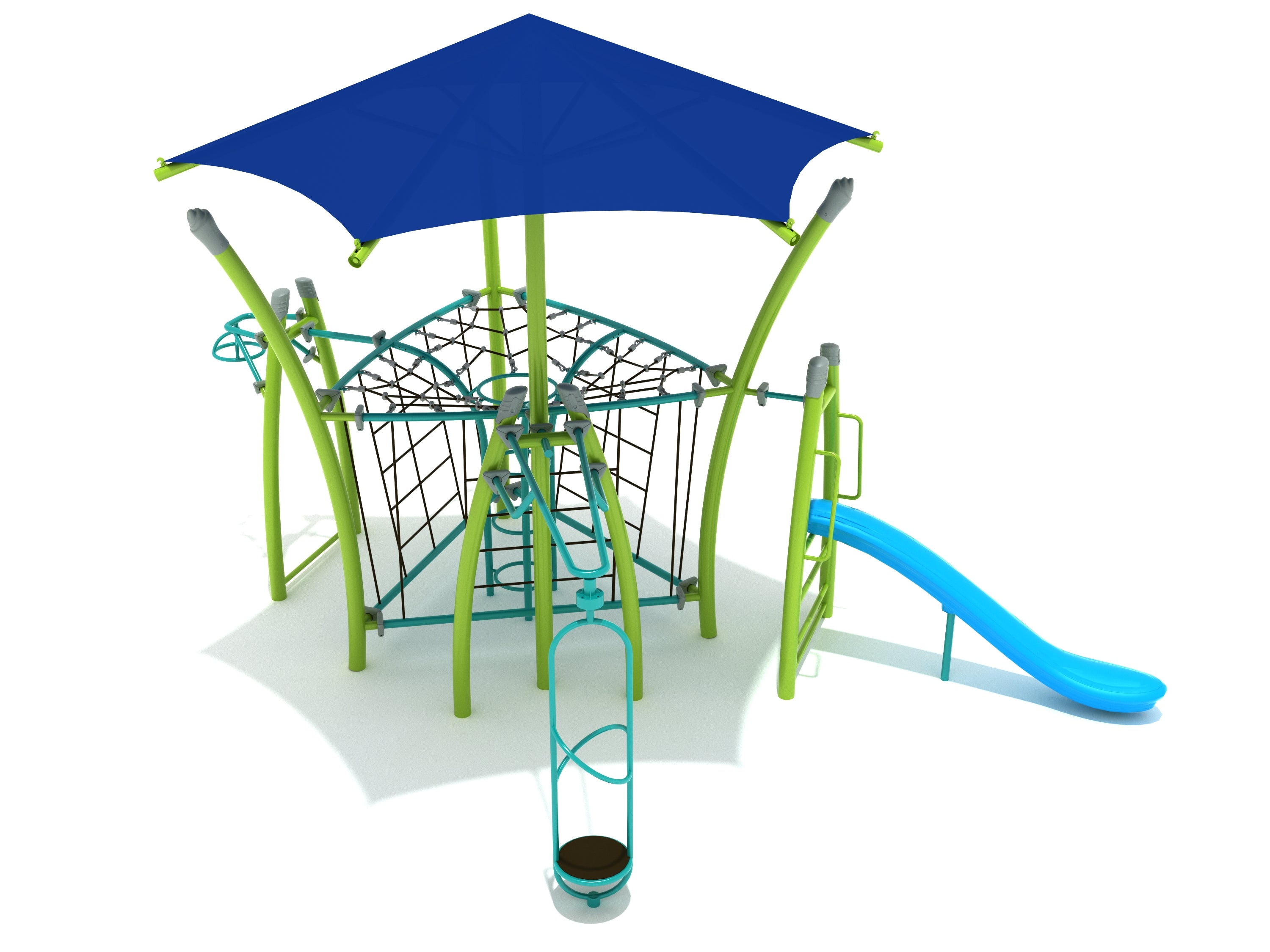 Colorful playground with climbing ropes, blue slide, spinning elements, and large blue hex shade canopy