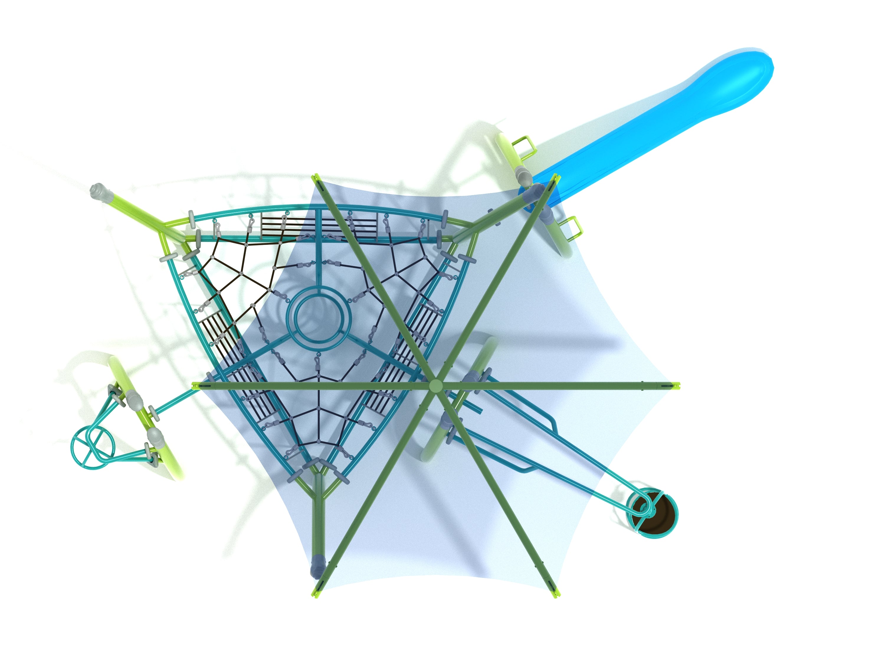 Overhead view of colorful playground with rope climber, spinners, slide, and hexagonal shade canopy