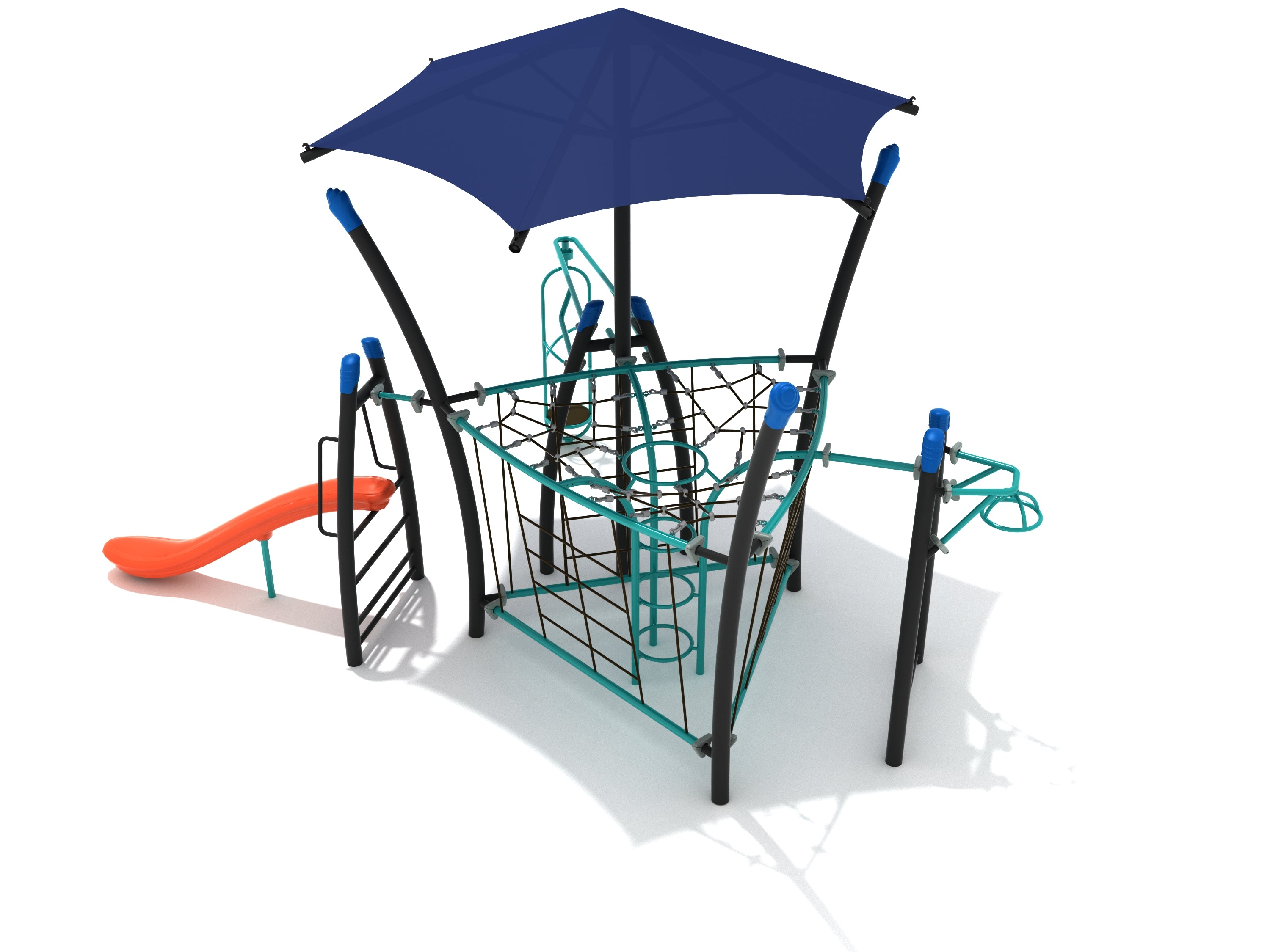Outdoor playground with climbing ropes, hexagonal shade canopy, slide, and multiple spinners for active play