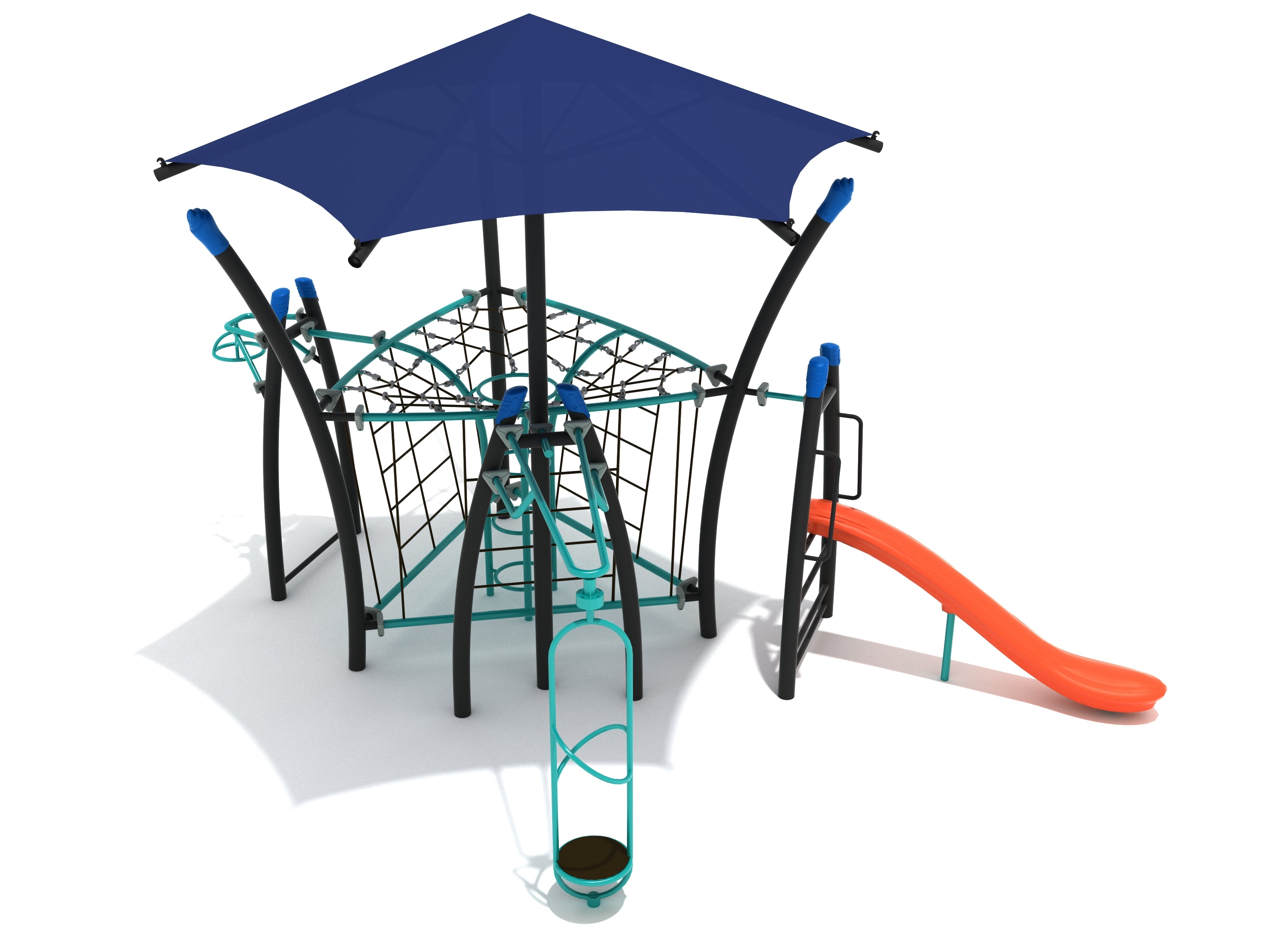 Playground with climbing ropes, black curved supports, blue hexagonal shade, orange slide, and spinning play elements