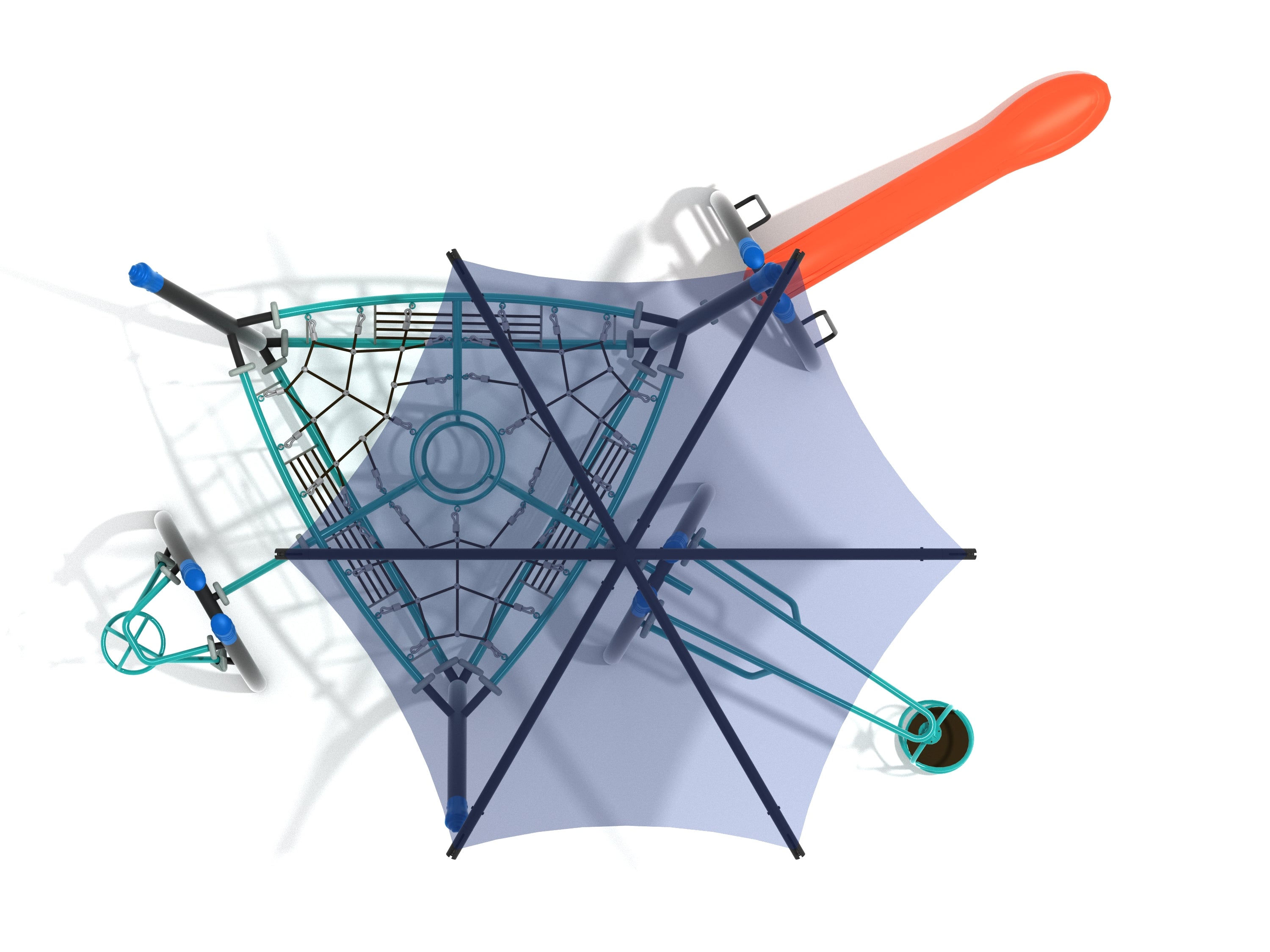 Overhead view of playground with triangular rope climber, hexagonal shade, orange slide, and spinning play elements