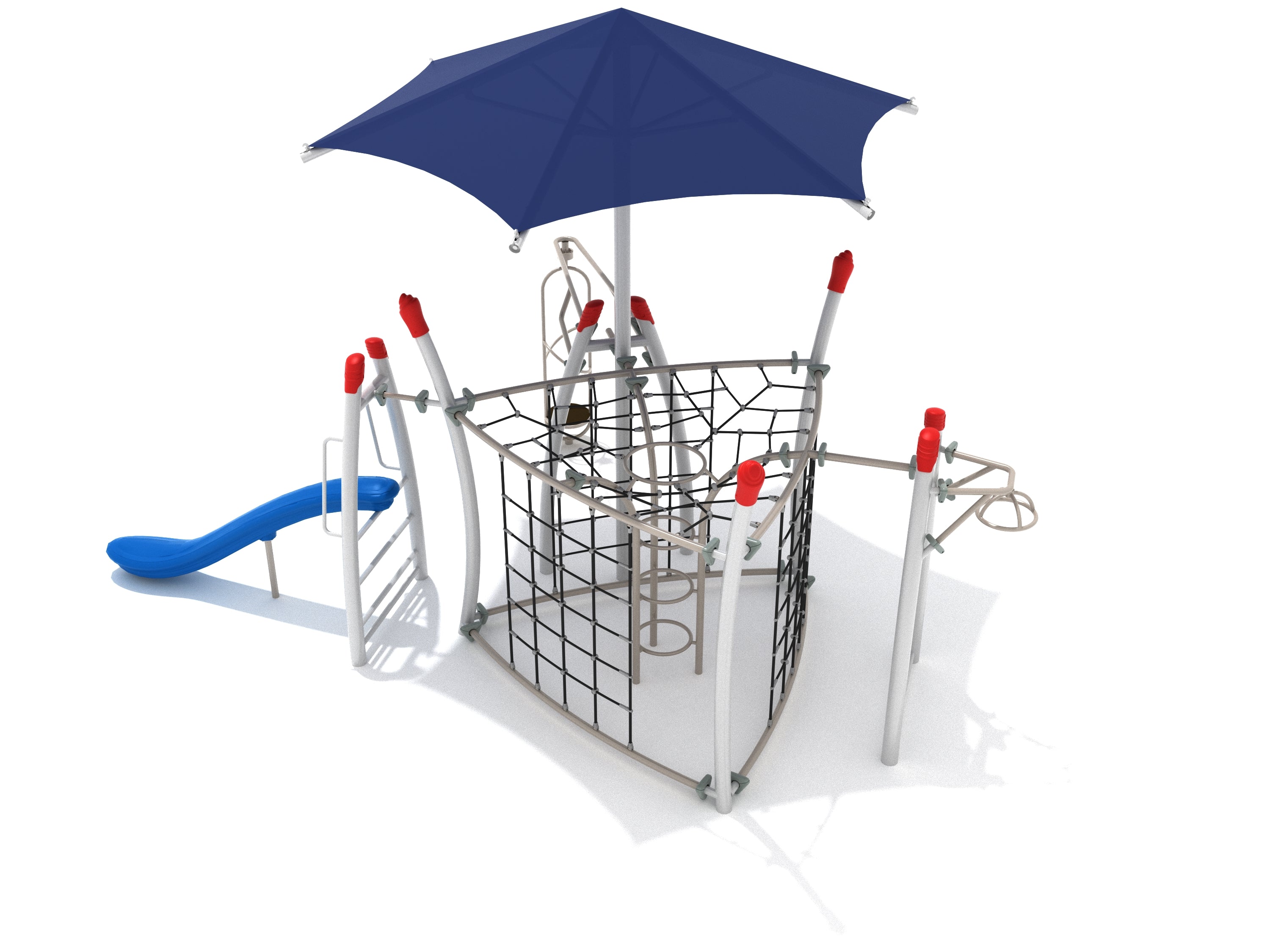 Playground with climbing rope net, blue slide, spinning rings, and large blue hexagonal shade canopy