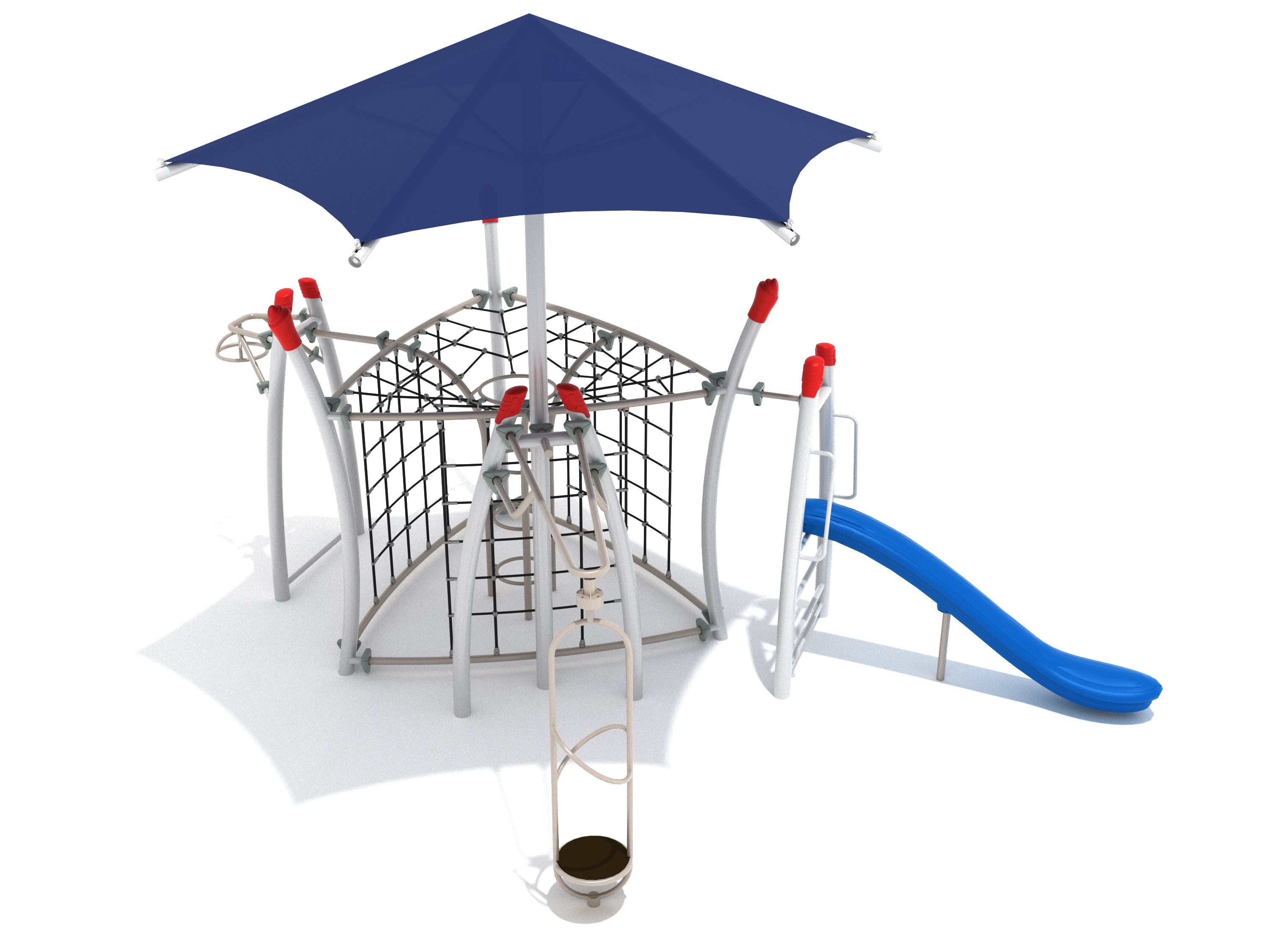 Playground structure with rope climber, blue slide, overhead shade, and spinning play elements for active outdoor fun