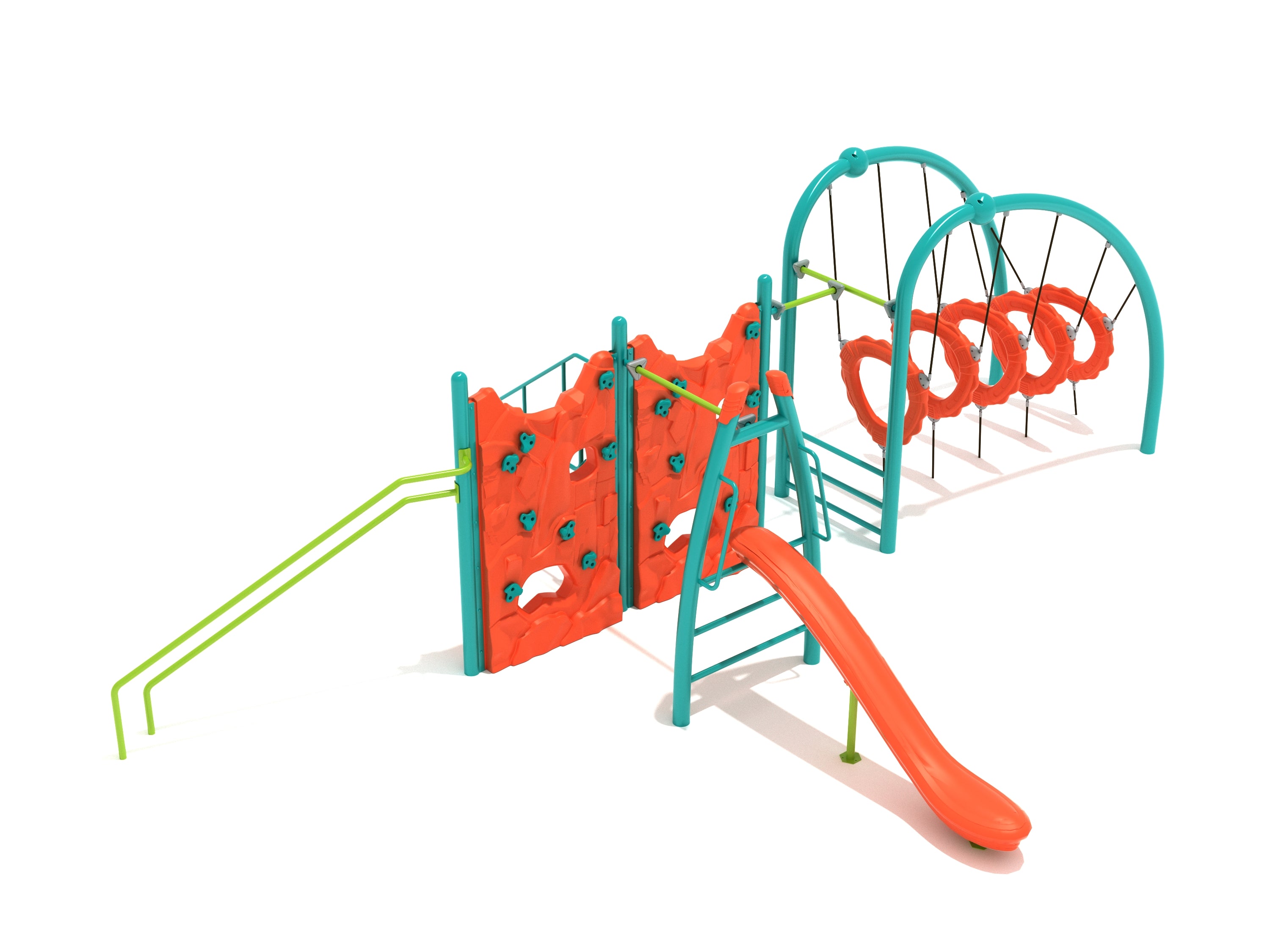 Colorful playground with climbing walls, slide, and suspended ring obstacle course in teal, orange, and lime green.