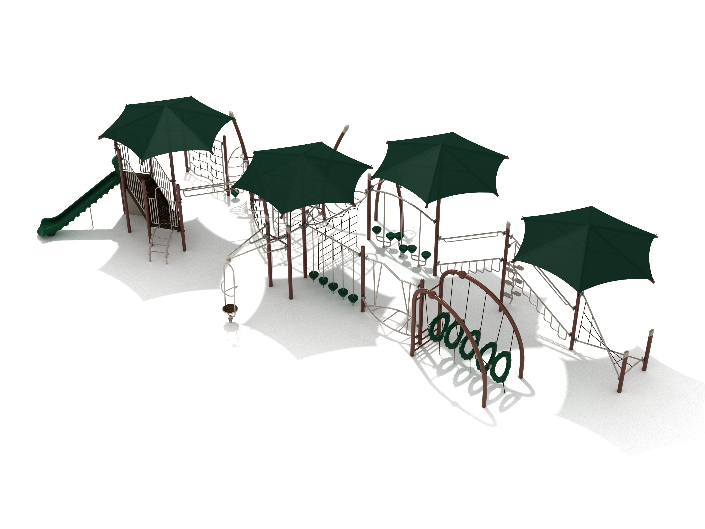 Overhead view of a large playground with green shade canopies, slides, climbing nets, balance stepping pods, and tire swings