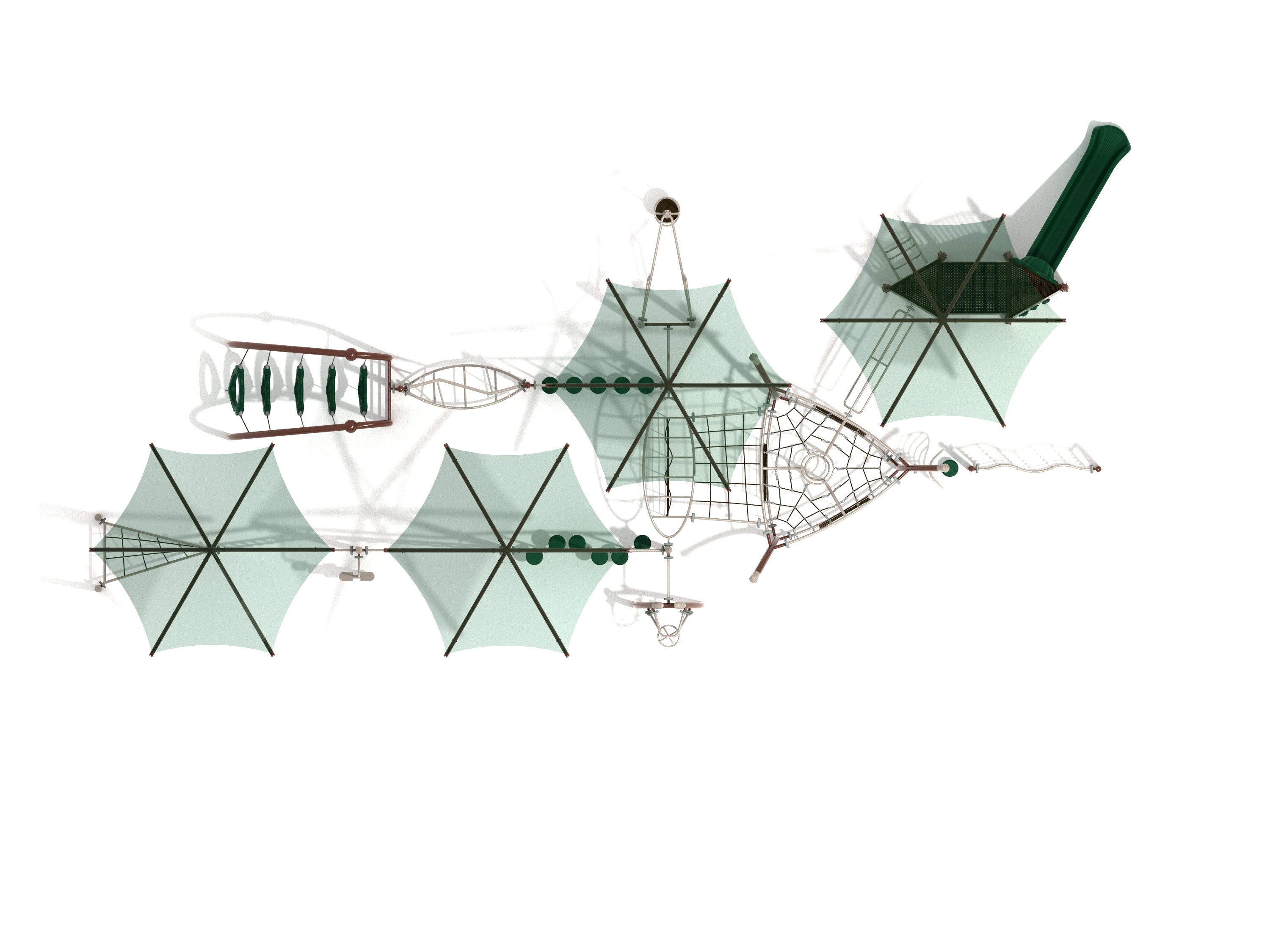 Overhead view of a large playground with green shade canopies, climbing nets, balance stepping pods, and a slide