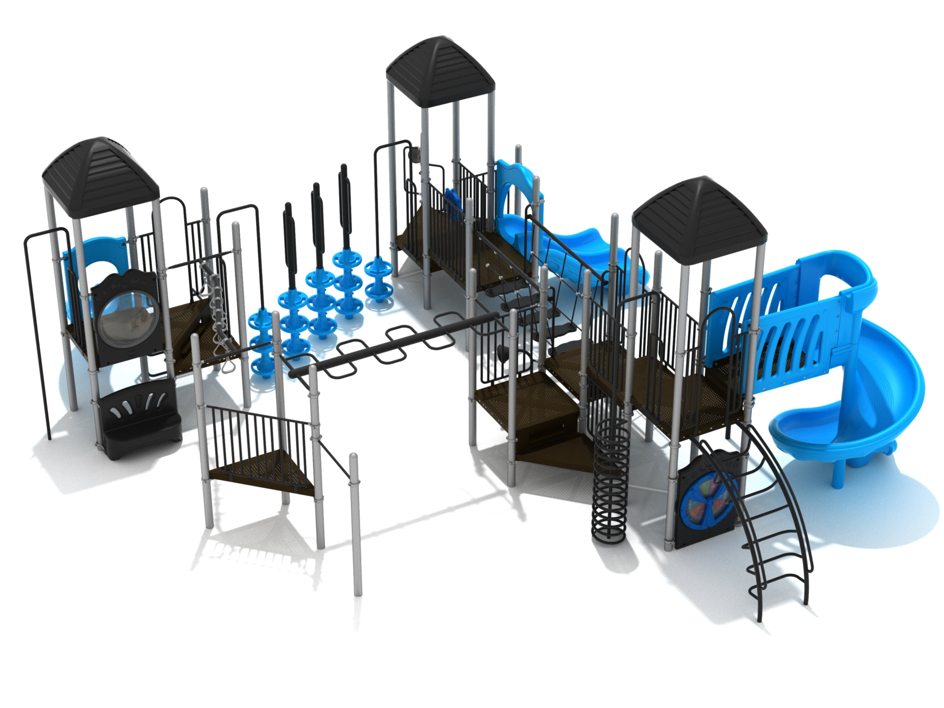 Commercial playground structure with multiple connected towers, blue slides, climbing elements, activity panels, and talk tubes