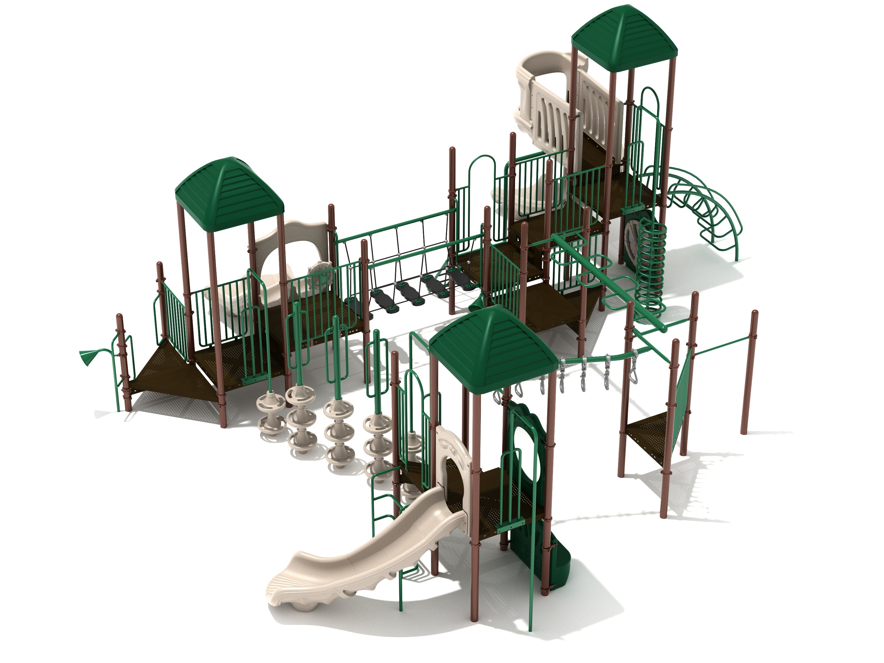 Elevated commercial playground structure with green roofs, beige slides, climbing bridges, and interactive activity panels