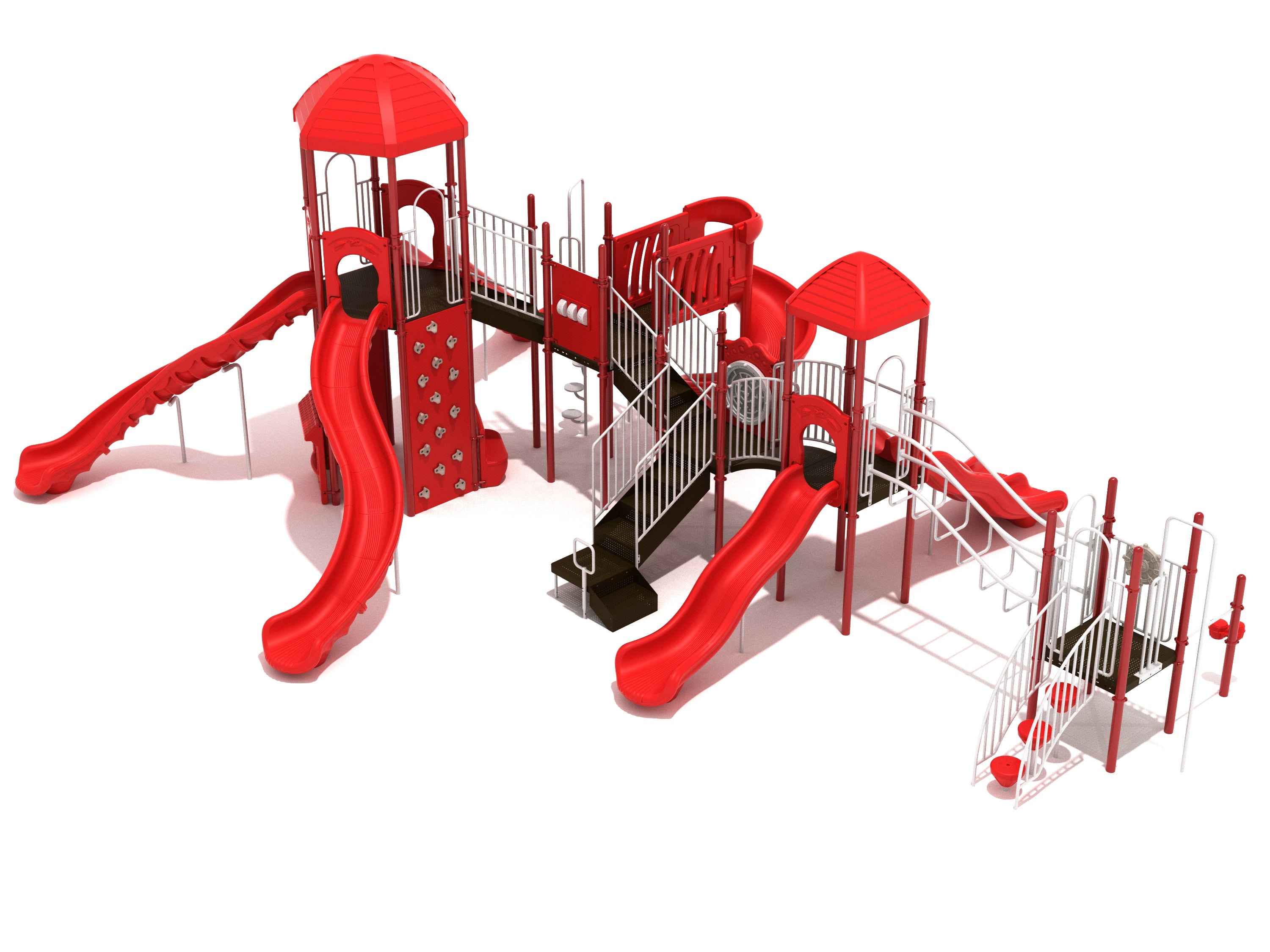 Large red and white playground structure with multiple slides, climbing wall, stairs, and platforms for active play