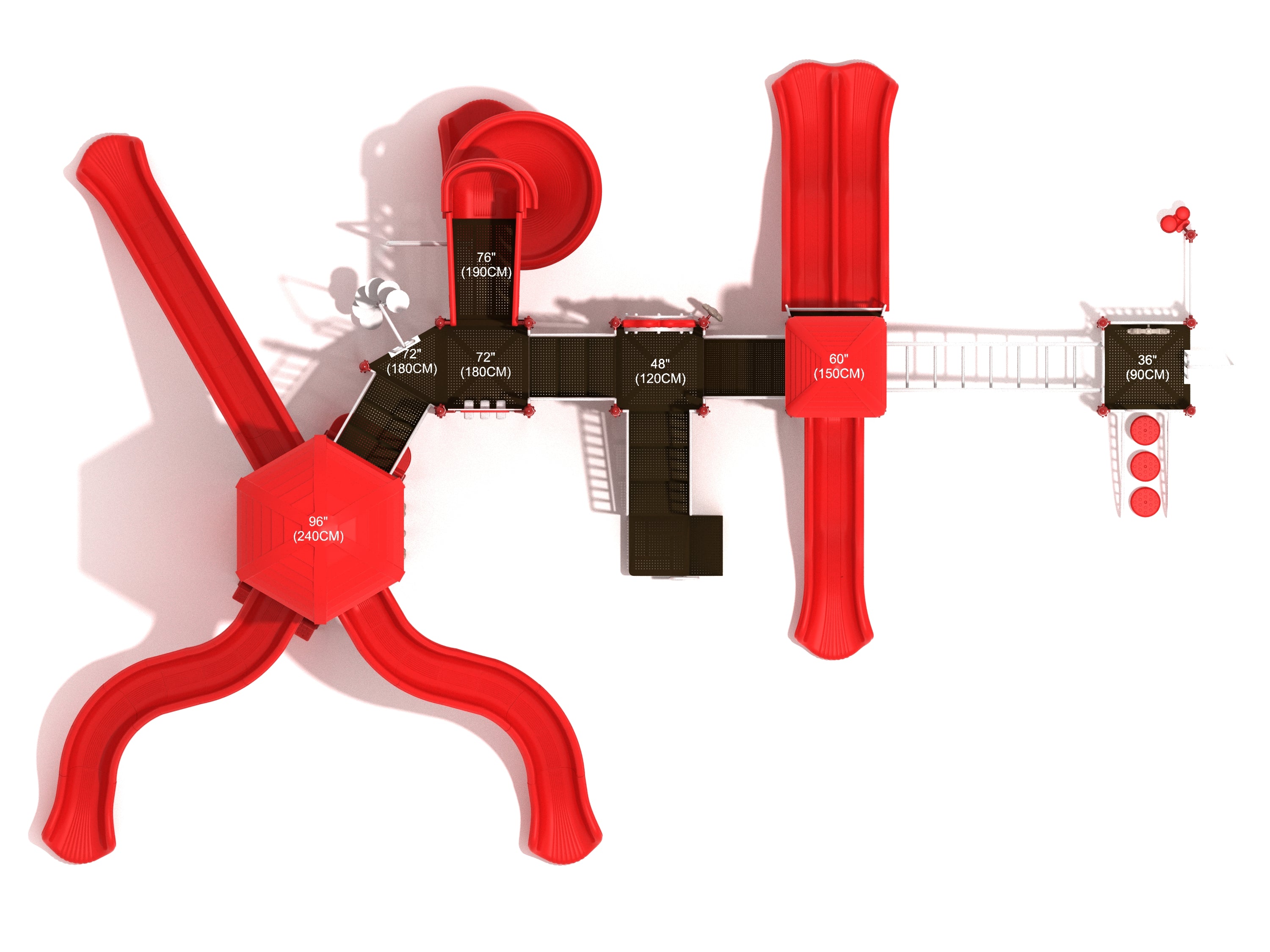 Overhead view of a large red playground structure with multiple slides, climbing wall, and interconnected platforms