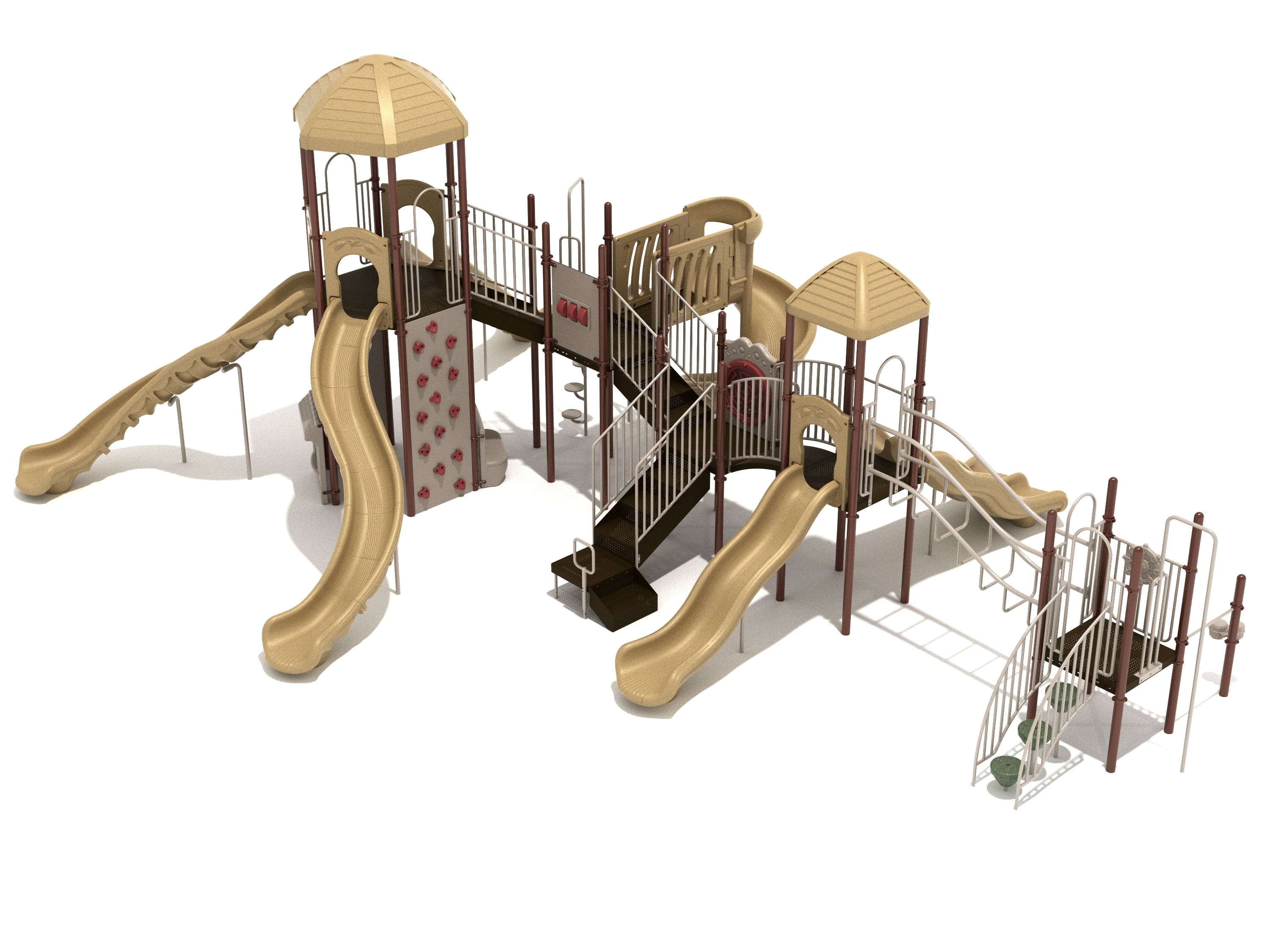 Large tan and brown playground structure with six slides, climbing wall, stairs, and interactive play panels