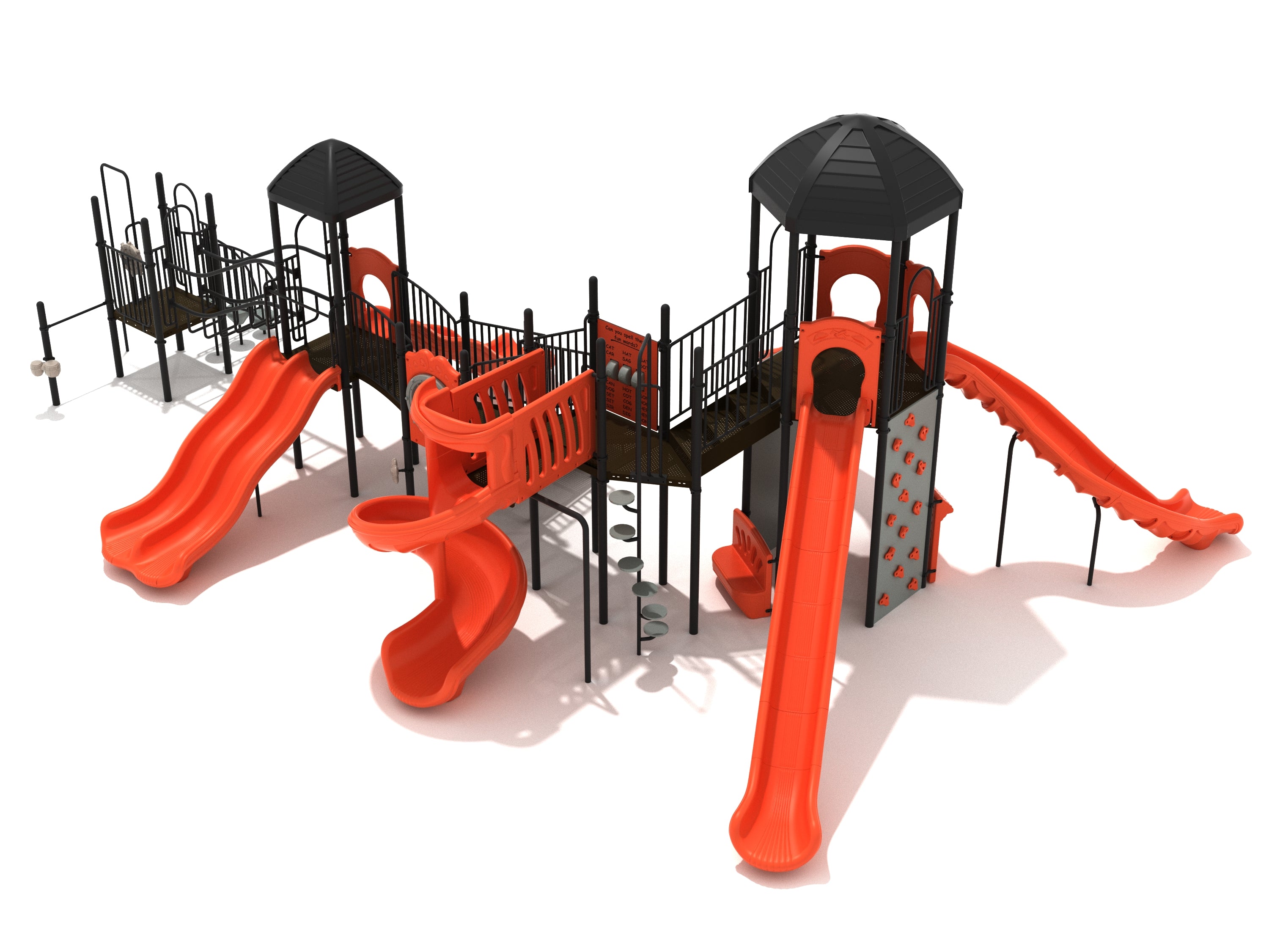 Large playground structure with six bright orange slides, climbing wall, and black metal platforms and roofs