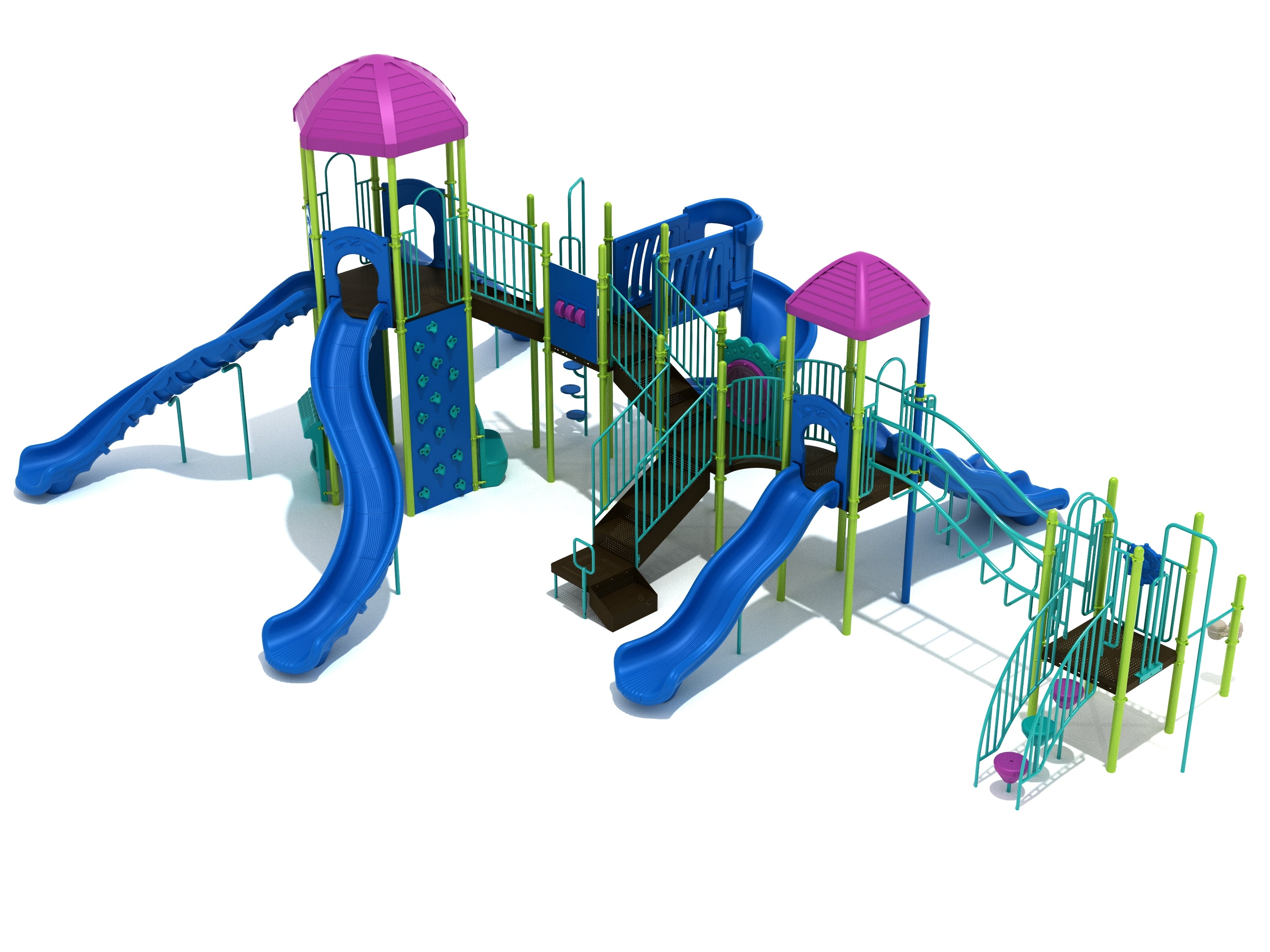 Colorful playground structure with six blue slides, climbing wall, multiple platforms, and purple roofs, angled view