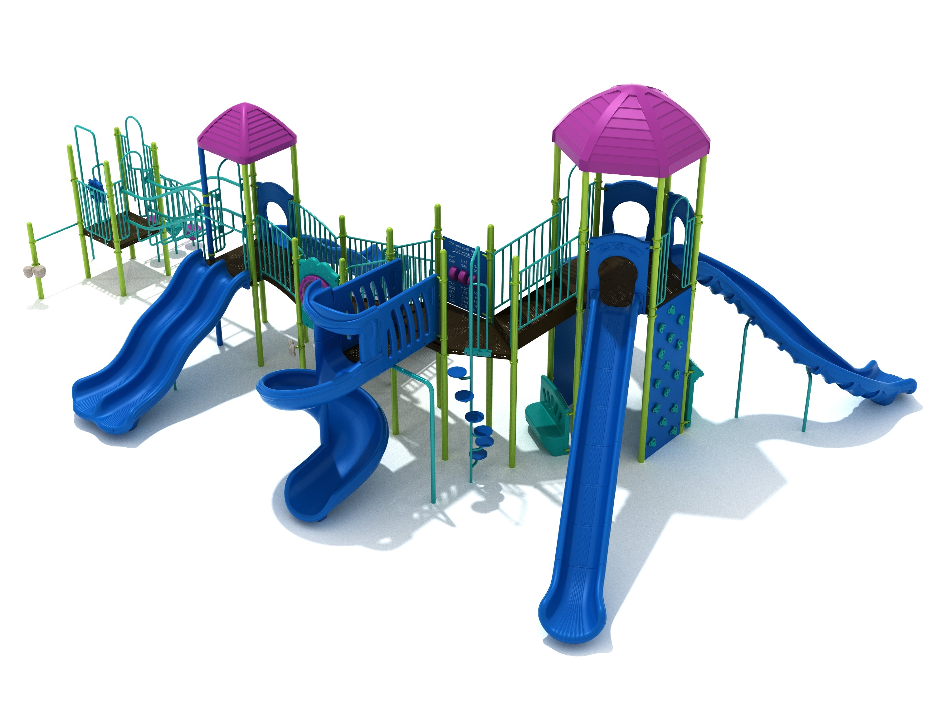Colorful playground structure with six slides including double wave, zig zag, spiral, and straight slides, plus a vertical climbing wall and purple-roofed platforms