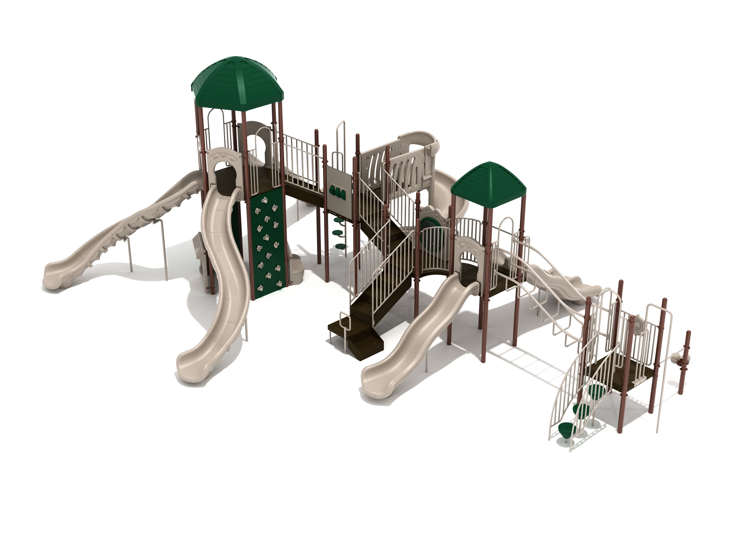 Wood's Cross Playground large play system with six beige slides, green roofs, climbing wall, and connecting bridges