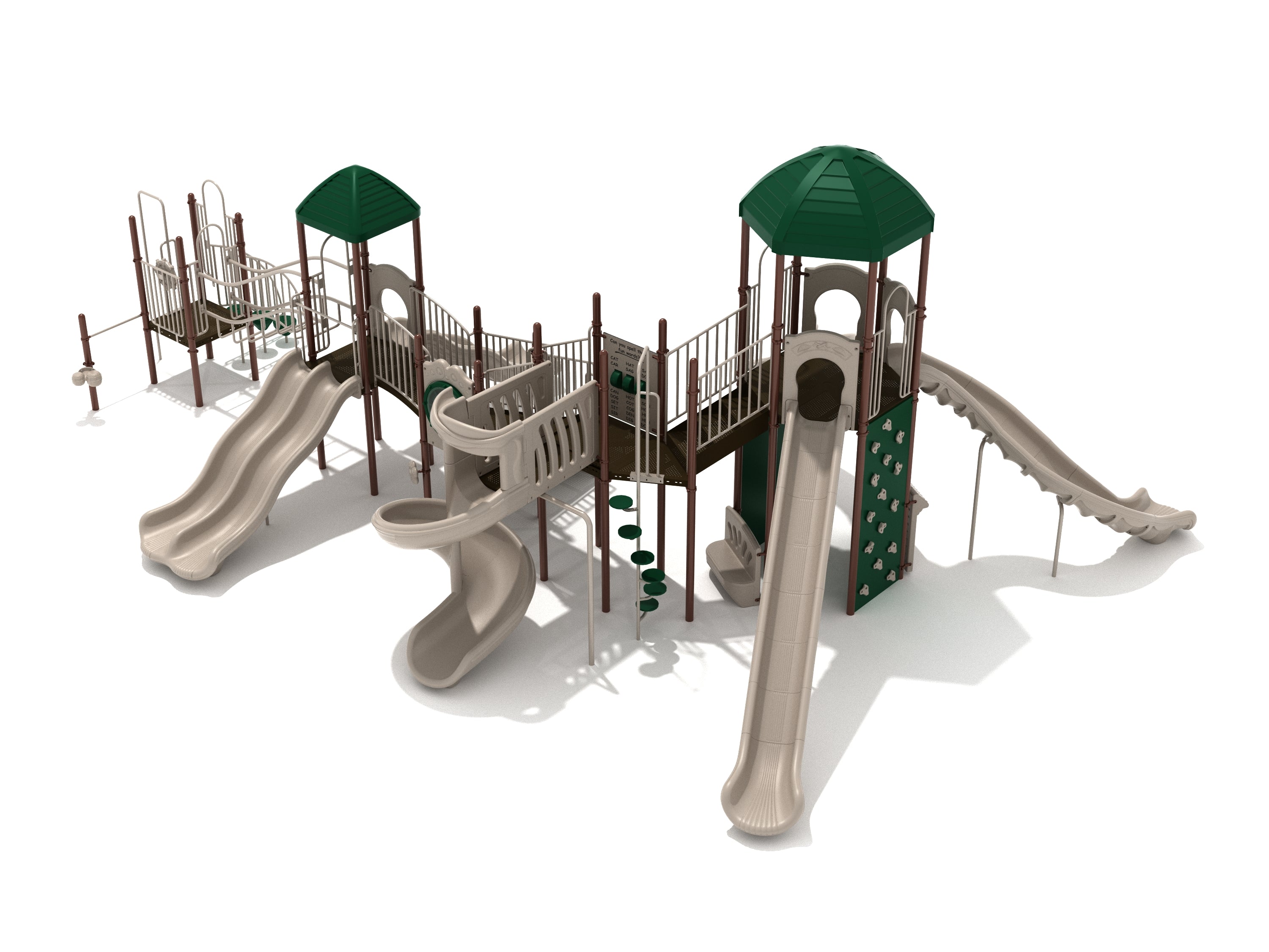 Large outdoor playground structure with six beige slides, green roofs, climbing wall, and connecting platforms
