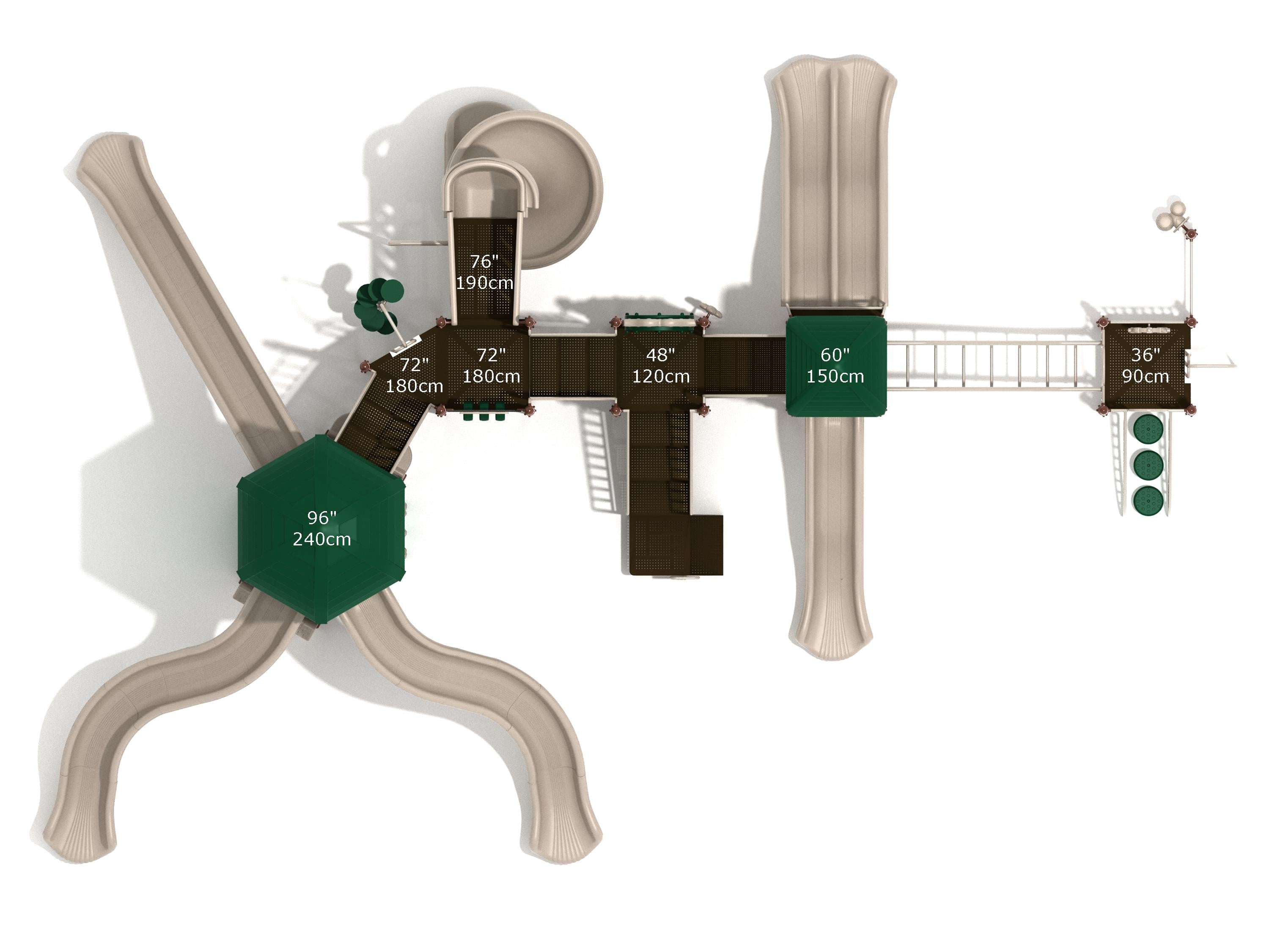 Overhead view of a large playground structure with six beige slides, green platforms, climbing wall, and ladders