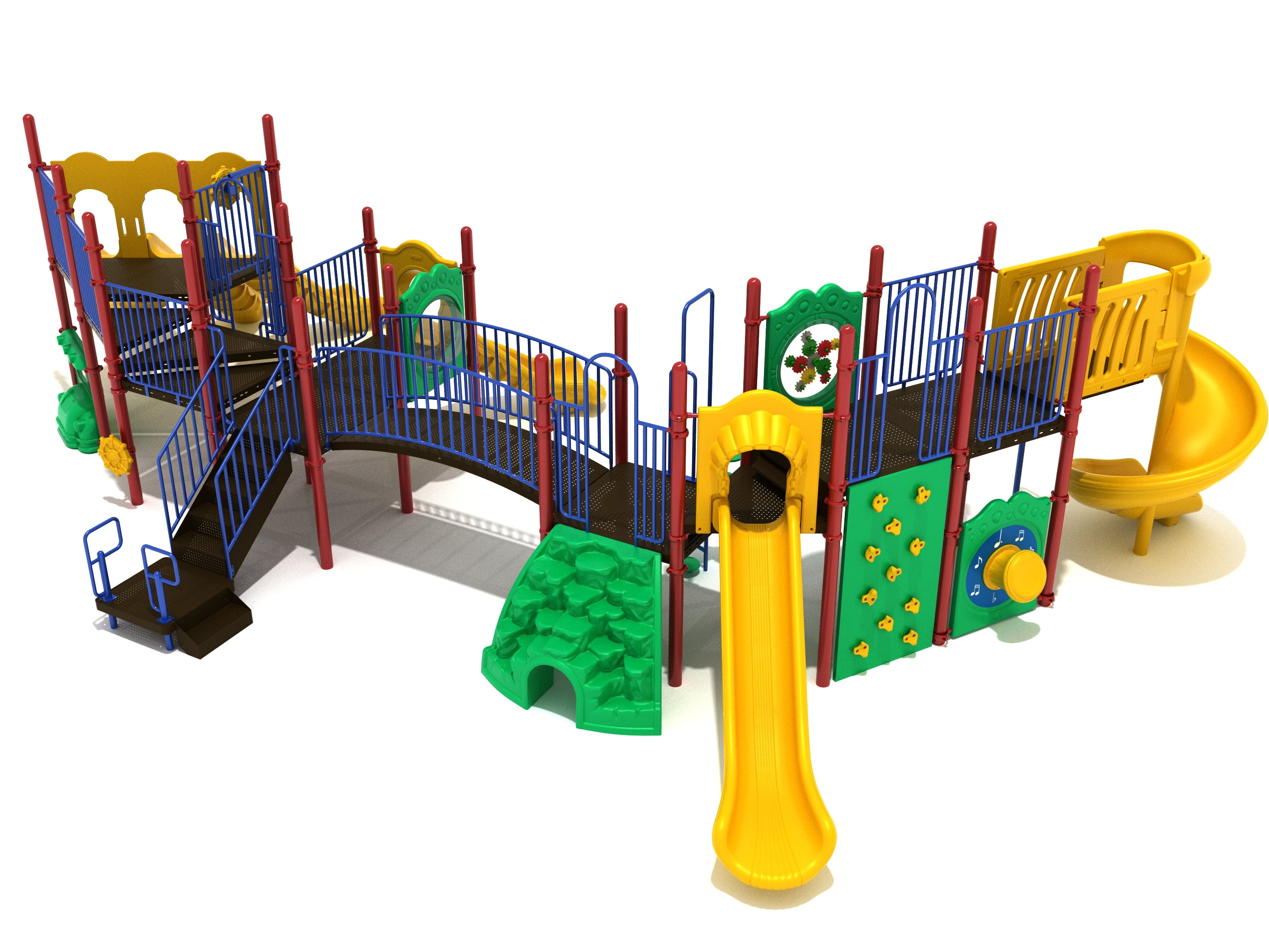 Colorful playground structure with multiple slides, climbing walls, musical panels, and connecting bridges for active play and social interaction.