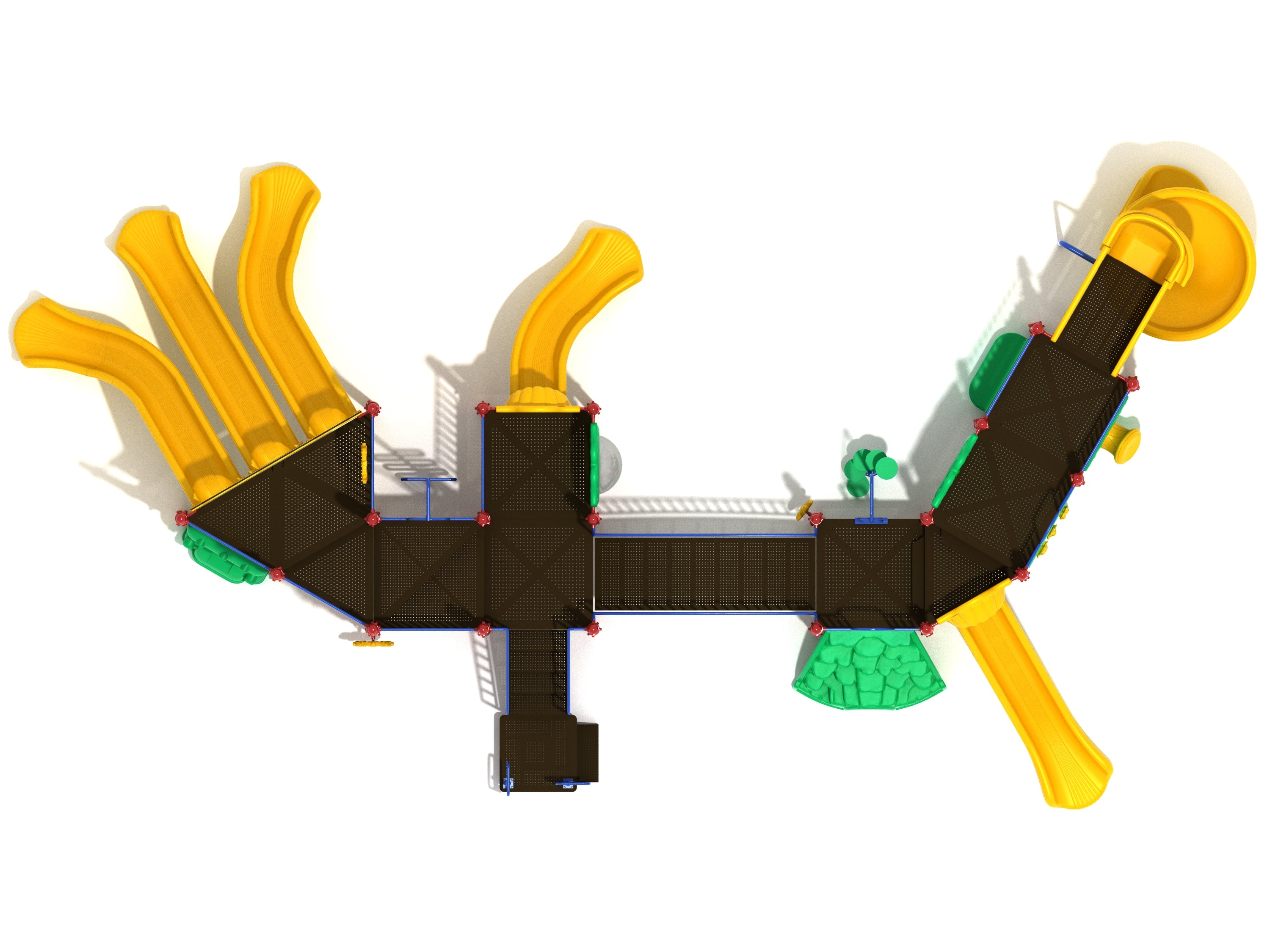 Overhead view of a large playground structure with multiple yellow slides, climbing panels, and interactive play elements