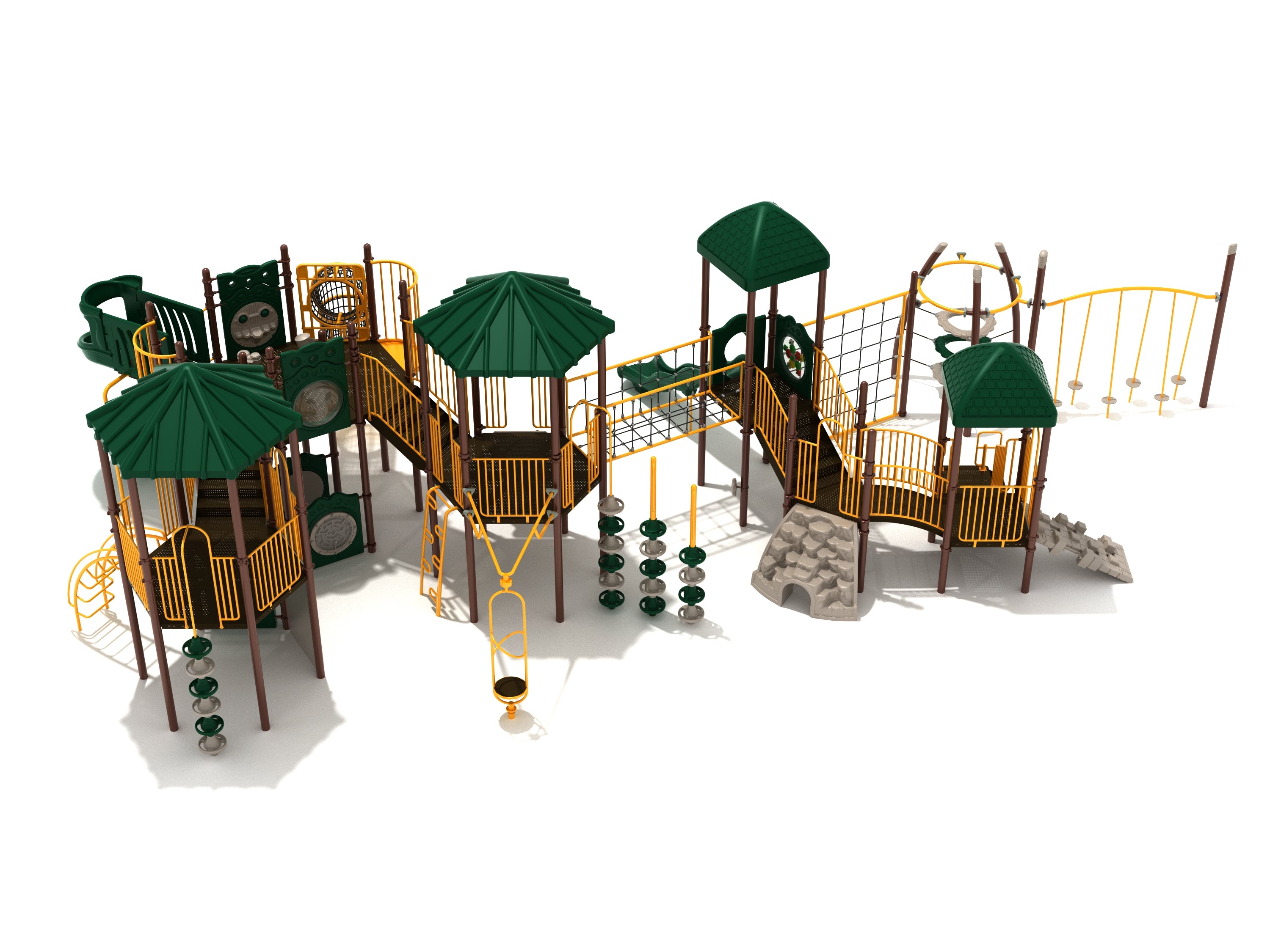 Elevated playground structure with green roofs, yellow railings, slides, climbing nets, and interactive play panels